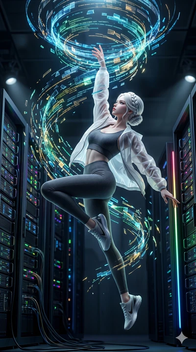 score_9, masterpiece, best quality, ultra-detailed, photorealistic 8k CG, hyper-detailed textures, ray-tracing, Japanese woman. Mid-air action shot capturing a graceful twist and vertical silhouette. summoning a whirlwind of glowing data-shards in a 