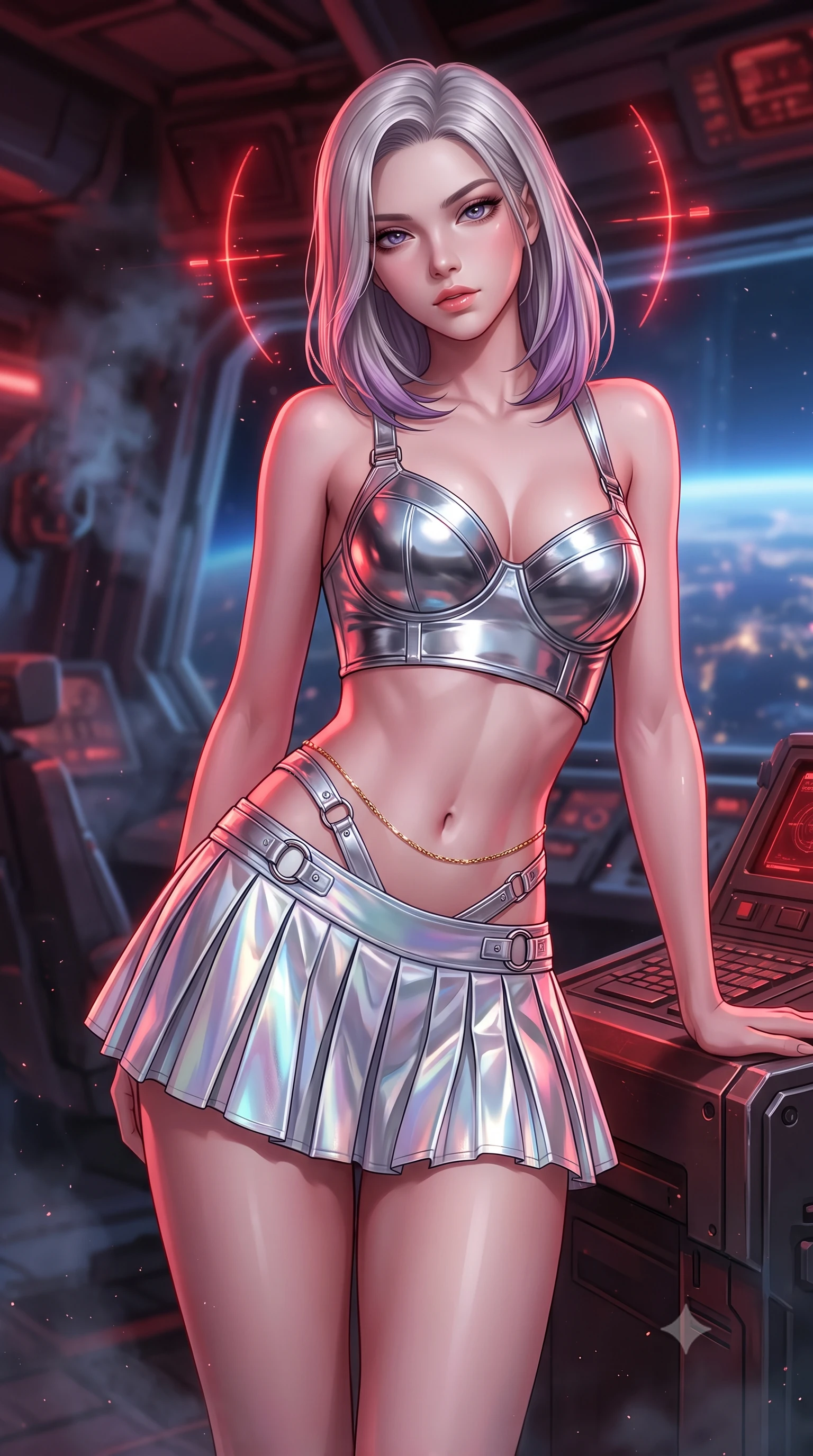 score_9, masterpiece, best quality, ultra-detailed, high-budget anime keyframe, semi-realistic 3D game render, editorial fashion photography, tasteful artistic composition, Caucasian woman. close-up cowboy shot from the waist and thighs up, the character dominates the composition, filling the frame with her large presence. leaning forward while arching her lower back to accentuate her curvy hips, looking into the camera with an intoxicating smoldering gaze and bedroom-eyes while leaning against the heavy gunnery console with hips cocked back, looking through glowing red holographic firing arcs with intoxicated smoldering bedroom-eyes. The background shows a soft-focus cool atmospheric particulate haze softened in orbital warship battery bridge shallow focus. She has an exceptionally elegant, slender, and willowy female figure with an ultra-slim waist, flat toned midriff, narrow ribcage, and sculpted feminine hips creating an alluring, slim hourglass silhouette without bulk. sharp v-shaped jawline, high-bridge nose, intricate jewel-like sparkling eyes with depth, thick eyelashes, glossy parted lips with a natural peach sheen, bright cheerful beaming smile with an enchanting and coquettish sensual glint, exuding both youthful cute charm and seductive allure, flawlessly proportioned anatomical accuracy, strict slender model proportions, natural body alignment, perfectly sculpted long slender limbs, ultra-slim waistline, clean dynamic posture without body distortion. wearing a chrome-plated tactical combat bustier top with reinforced underwire paired with a low-rise pleated micro combat skirt in iridescent mother-of-pearl and liquid molten silver, adorned with delicate chrome ring hardware and cutouts along her slender waist, accented with a dainty gold belly chain resting across her flat midriff and curving hips, the form-contouring silhouette accentuating her sculpted flat midriff, narrow delicate ribcage, and gracefully curvy hips with intoxicating allure. bathed in moody 660nm deep crimson battle stations lighting mixed with cool blue planetary city-light radiance. highly saturated vibrant anime colors, detailed shading with soft gradients, rich glossy textures, high-contrast stereoscopic depth, volumetric dynamic lighting, master piece, 9:16 ratio