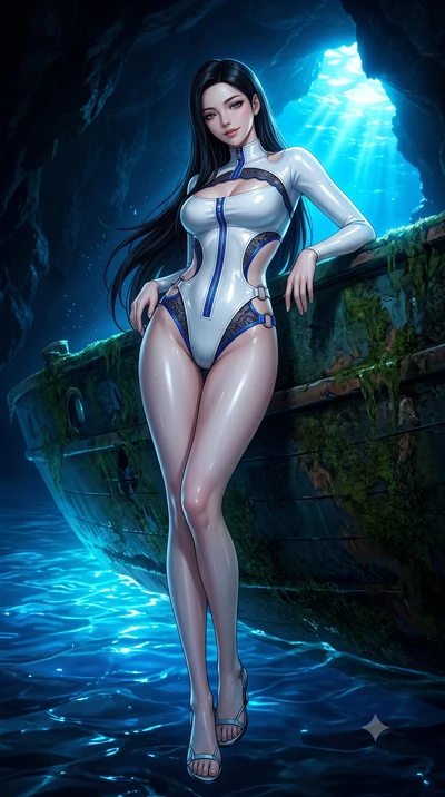score_9, masterpiece, best quality, ultra-detailed, high-budget anime keyframe, semi-realistic 3D game render, editorial fashion photography, tasteful artistic composition, Korean woman. low angle full-body shot from head to toe showing her feet, fil