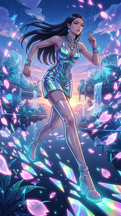 score_9, masterpiece, best quality, ultra-detailed, Set A: High-budget Anime Keyframe, Korean woman. Low angle cowboy shot filling the entire 9:16 frame with her statuesque presence. Sprinting through a floating botanical garden, as the ground beneat
