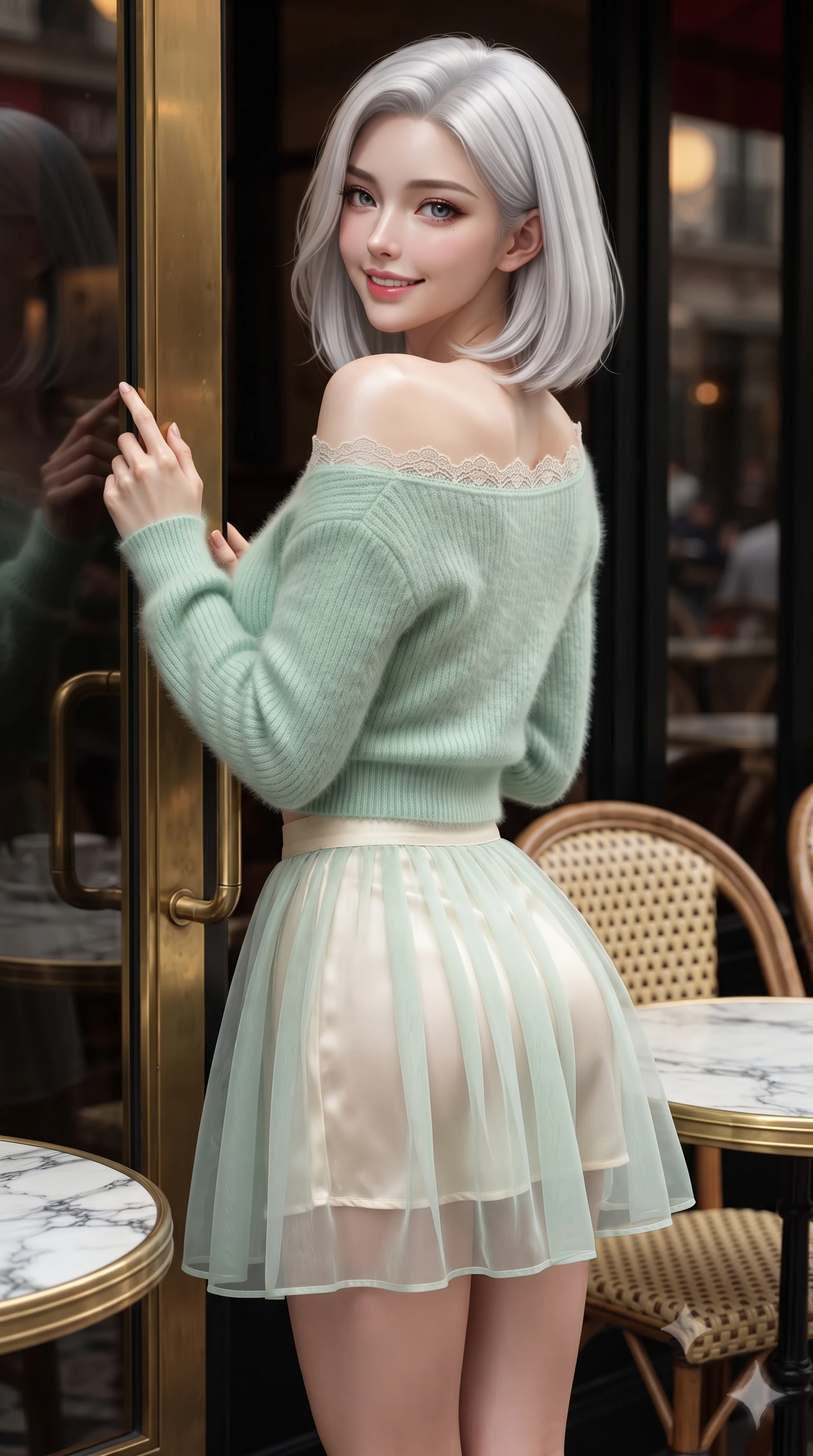 score_9, masterpiece, best quality, ultra-detailed, high-budget anime keyframe, editorial fashion photography, tasteful artistic composition, Korean woman. close-up cowboy shot from the waist and thighs up, the character dominates the composition, filling the frame with her large presence. posing in an alluring rear three-quarter angle, turning over a bare shoulder with an intoxicating cute smile, her hips cocked back to highlight her slim hourglass curve while leaning against the cafe's brass-trimmed entrance with hips cocked back, glancing over a bare shoulder with an audacious, chic Parisian gaze. The surrounding environment is rendered in vivid detail and crisp panoramic clarity. sharp marble tabletop veining, brass table edging, and woven bistro chair cane textures in deep focus. She has an exceptionally elegant, slender, and willowy female figure with an ultra-slim waist, flat toned midriff, narrow ribcage, and sculpted feminine hips creating an alluring, slim hourglass silhouette without bulk. sharp v-shaped jawline, high-bridge nose, intricate jewel-like sparkling eyes with depth, thick eyelashes, glossy parted lips with a natural peach sheen, bright cheerful beaming smile with an enchanting and coquettish sensual glint, exuding both youthful cute charm and seductive allure, flawlessly proportioned anatomical accuracy, strict slender model proportions, natural body alignment, perfectly sculpted long slender limbs, ultra-slim waistline, clean dynamic posture without body distortion. wearing a soft angora crop knit sweater with a sheer pleated organza mini skirt over an opaque silk slip in refreshing mint green and soft vanilla cream, crafted from liquid-tight stretch jersey emphasizing every curve, finished with delicate lace scallop edging along the neckline, the glove-like silhouette tightly following the natural contour of her hips and long slender legs with youthful 8.5-heads elegance. illuminated by warm sidewalk bounce light contouring her sculpted cheekbones, ultra-slim waist, and curvy hips. ultra-reflective glossy finish, specular highlights, rich textural contrasts, high-contrast stereoscopic depth, volumetric dynamic lighting, 2k, ultra detail, master piece, 9:16 ratio
