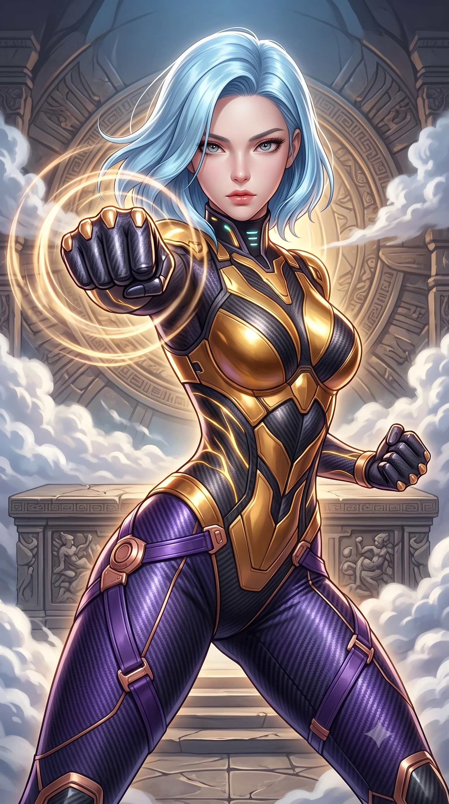 score_9, masterpiece, best quality, ultra-detailed, high-budget anime keyframe, semi-realistic 3D game render, editorial fashion photography, tasteful artistic composition, Korean woman. close-up cowboy shot from the waist and thighs up, the character dominates the composition, filling the frame with her large presence. thrusting a high-speed kinetic punch toward the camera, a visible conical shockwave distortion wrapping around her sleek carbon forearm while arching her spine in a fluid zero-gravity turn as golden energy waves pulse through the Damascus-pattern carbon weave of her suit. The surrounding environment is rendered in vivid detail and crisp panoramic clarity. intricate kinetic palm plate engravings, stone altar reliefs, and cloud vapor crests in high resolution. She has an exceptionally elegant, slender, and willowy female figure with an ultra-slim waist, a gracefully sculpted slender torso, toned flat midriff, and a refined slim silhouette. sharp v-shaped jawline, high-bridge nose, intricate jewel-like eyes with depth, thick eyelashes, glossy lips with a natural sheen, flawlessly proportioned anatomical accuracy, strict slender model proportions, natural body alignment, perfectly sculpted long slender limbs, ultra-slim waistline, clean dynamic posture without body distortion. wearing a sculpted molten-gold and dark carbon cuirass paired with high-mobility combat leggings and kinetic energy channels in royal purple carbon fiber with rose-gold hardware and clasps, crafted from ultra-strong woven carbon-fiber composite with a satin luster, featuring a sleek aerodynamic collar framed by subtle glowing cybernetic status LEDs, the glove-like aerodynamic second-skin fit tightly clinging to her ultra-slender waist and athletic curves without adding bulk, accentuating her razor-sharp statuesque lines and slim hourglass silhouette. surrounded by an awe-inspiring, ancient, and radiantly transcendent martial muse sovereignty aura. rich saturated anime colors with glowing neon highlights, detailed shading with soft gradients, rich glossy textures, high-contrast stereoscopic depth, volumetric dynamic lighting, master piece, 9:16 ratio