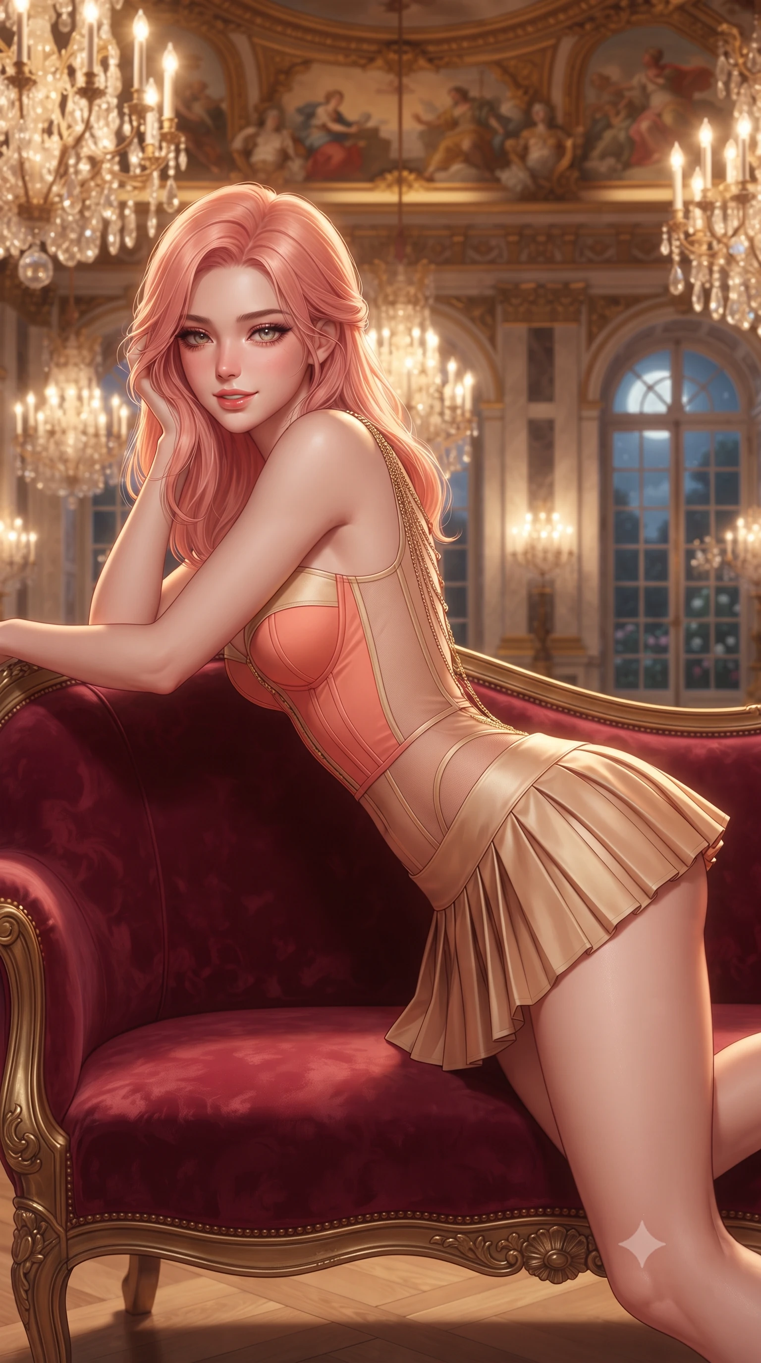 score_9, masterpiece, best quality, ultra-detailed, high-budget anime keyframe, editorial fashion photography, tasteful artistic composition, Japanese woman. close-up cowboy shot from the waist and thighs up, the character dominates the composition, filling the frame with her large presence. leaning forward while arching her lower back to accentuate her curvy hips, looking into the camera with an intoxicating smoldering gaze and bedroom-eyes while reclining gracefully across the crimson velvet French settee propped on one elbow, displaying her long slender limbs and statuesque hourglass silhouette with sovereign elegance. The background shows a soft-focus flickering multi-tiered crystal chandeliers, gilded allegorical ceiling frescoes, and moonlit Baroque palace gardens through tall arched French windows blurred into champagne, amber, and gold bokeh. She has an exceptionally elegant, slender, and willowy female figure with an ultra-slim waist, flat toned midriff, narrow ribcage, and sculpted feminine hips creating an alluring, slim hourglass silhouette without bulk. sharp v-shaped jawline, high-bridge nose, intricate jewel-like sparkling eyes with depth, thick eyelashes, glossy parted lips with a natural peach sheen, bright cheerful beaming smile with an enchanting and coquettish sensual glint, exuding both youthful cute charm and seductive allure, flawlessly proportioned anatomical accuracy, strict slender model proportions, natural body alignment, perfectly sculpted long slender limbs, ultra-slim waistline, clean dynamic posture without body distortion. wearing a structured boned corset top paired with an ultra-short low-rise pleated micro mini skirt in Palm Springs desert sunset coral and warm honey champagne, featuring strategic sheer-illusion tulle side panels framing her ribcage and hips, accented with an open-back drape framed by falling strands of delicate gold chains, the precision-cut side openings and low-back scoop framing her graceful spine and the sensual sweep of her slim, toned hips. bathed in the warm radiant 2600K golden illumination of hundreds of crystal chandelier lamps dimmed to an intimate evening glow. ultra-reflective glossy finish, specular highlights, rich textural contrasts, high-contrast stereoscopic depth, volumetric dynamic lighting, 2k, ultra detail, master piece, 9:16 ratio