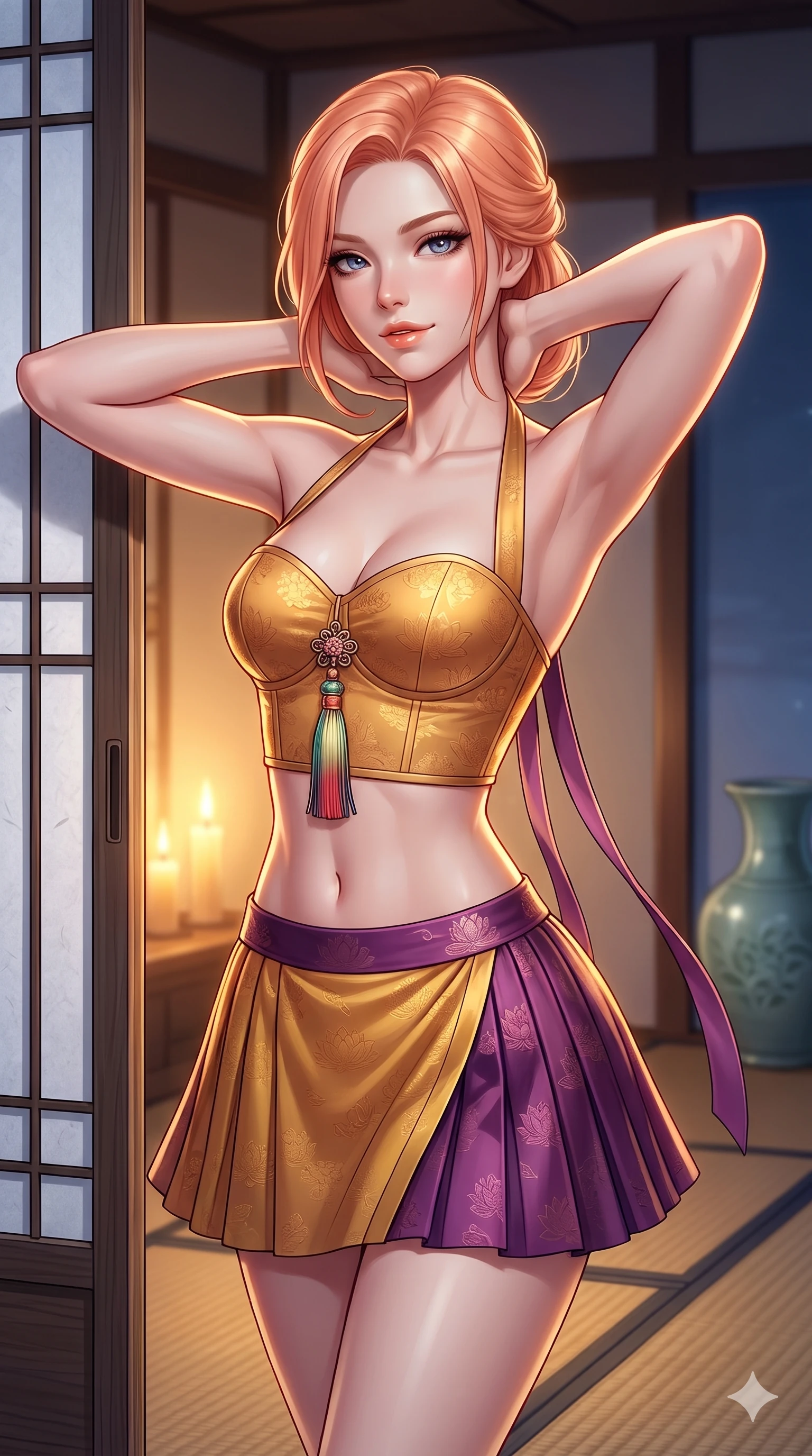 score_9, masterpiece, best quality, ultra-detailed, high-budget anime keyframe, semi-realistic 3D game render, editorial fashion photography, tasteful artistic composition, Japanese woman. close-up cowboy shot from the waist and thighs up, the character dominates the composition, filling the frame with her large presence. resting both hands lightly behind her neck with elbows raised, arching her spine to highlight her narrow waist, flat midriff, and breathtaking collarbones while twisting her slender torso in an alluring contrapposto pose beside the sliding rice-paper door, warm candlelight silhouette outlining her curves. The surrounding environment is rendered in vivid detail and crisp panoramic clarity: sharp mulberry paper texture on sliding doors, woven rush mat seams, and celadon ceramic glaze in deep focus. She has an exceptionally elegant, slender, and willowy female figure with an ultra-slim waist, flat toned midriff, narrow ribcage, and sculpted feminine hips creating an alluring, slim hourglass silhouette without bulk. sharp v-shaped jawline, high-bridge nose, sparkling eyes with hypnotic seductive depth, thick curled eyelashes, glossy parted lips with a natural dewy peach sheen, alluring bedroom-eyes with an enchanting coquettish smile, exuding magnetic siren charisma and sophisticated glamour, flawlessly proportioned anatomical accuracy, strict slender model proportions, natural body alignment, perfectly sculpted long slender limbs, ultra-slim waistline, clean dynamic posture without body distortion. wearing a modern boned hanbok bustier top with norigae tassel paired with an ultra-short micro-pleated silk wrap mini skirt in imperial gold and royal plum purple, tailored from rich silk jacquard with subtle embossed lotus blossom patterns, finished with long silk ribbon ties fluttering down her bare spine from a backless halter, the impeccably tailored cut draping gracefully along her slender figure with aristocratic eastern poise. bathed in warm golden candlelight glowing from within the interior room mixed with cool moonlight fill. highly saturated vibrant anime colors, detailed shading with soft gradients, rich glossy textures, high-contrast stereoscopic depth, volumetric dynamic lighting, master piece, 9:16 ratio