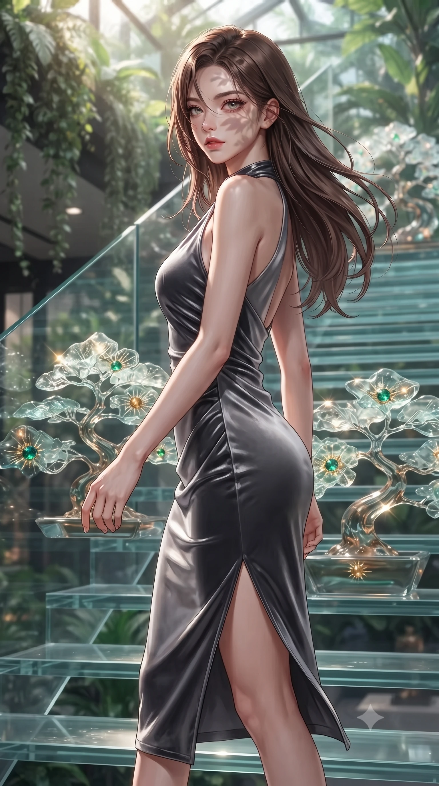 score_9, masterpiece, best quality, ultra-detailed, high-budget anime keyframe, editorial fashion photography, tasteful artistic composition, Korean woman. close-up cowboy shot from the waist and thighs up, the character dominates the composition, filling the frame with her large presence, background elements kept in soft focus. Pivoting sharply while looking back over her shoulder with heavy lashes and a confident, intense gaze while stepping along a vertical glass staircase enveloped by tropical volumetric sunbeams, translucent glass bonsai leaves reflecting vibrant emerald and gold sunbursts. She has an exceptionally elegant, slender, and willowy female figure with an ultra-slim waist, a gracefully sculpted slender torso, and a refined silhouette. sharp v-shaped jawline, high-bridge nose, intricate jewel-like eyes with depth, thick eyelashes, glossy lips with a natural sheen, flawlessly proportioned anatomical accuracy, natural body alignment, perfectly sculpted elegant limbs, clean dynamic posture without body distortion. wearing a velvet halter-neck midi dress following her form like a glove in charcoal grey and platinum, crafted from lustrous satin jersey with fluid draping, finished with a sleek side slit ascending to mid-thigh, the tailored fabric tightly following every curve of her athletic build. illuminated by brilliant sunbeams casting organic leaf stencil shadows. ultra-reflective glossy finish, specular highlights, metallic sheen, high-contrast stereoscopic depth, volumetric dynamic lighting, 2k, ultra detail, master piece, 9:16 ratio