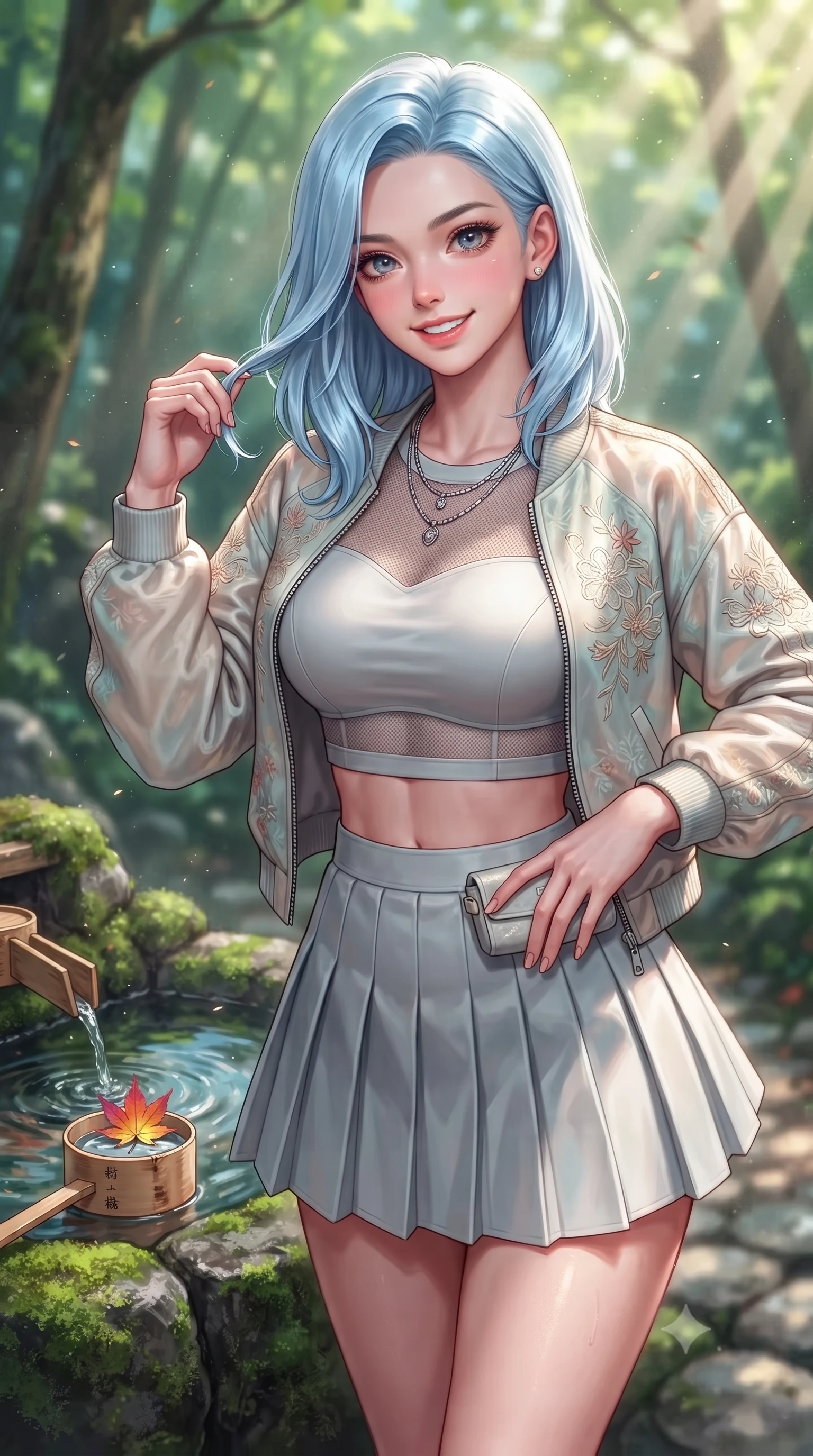 score_9, masterpiece, best quality, ultra-detailed, high-budget anime keyframe, editorial fashion photography, tasteful artistic composition, Korean woman. close-up cowboy shot from the waist and thighs up, the character dominates the composition, filling the frame with her large presence, background elements kept in soft focus. smiling cutely with an air of effortless superiority and magnetic charm set against a soft-focus background of next to a mountain spring well with clear water and wooden cups holding a colorful maple leaf with a delighted, cheerful smile. She has an exceptionally elegant, slender, and willowy female figure with an ultra-slim waist, a gracefully sculpted slender torso, and a refined silhouette. sharp v-shaped jawline, high-bridge nose, intricate jewel-like eyes with depth, thick eyelashes, glossy lips with a natural sheen. wearing tailored modern crop top shirt paired with a mini skirt and an unzipped light bomber jacket. volumetric sunbeams slicing through the forest trees, creating light rays. highly saturated vibrant anime colors, detailed shading with soft gradients, rich glossy textures, high-contrast stereoscopic depth, volumetric dynamic lighting, master piece, 9:16 ratio