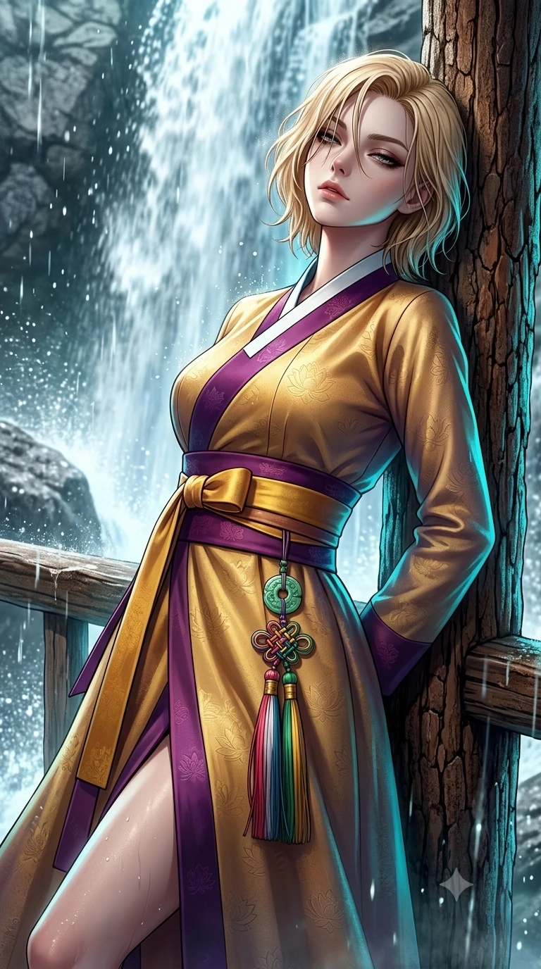 score_9, masterpiece, best quality, ultra-detailed, high-budget anime keyframe, semi-realistic 3D game render, editorial fashion photography, tasteful artistic composition, Caucasian woman. close-up cowboy shot from the waist and thighs up, the character dominates the composition, filling the frame with her large presence. leaning back against the balustrade with relaxed seductive grace, head tilted back slightly while casting a hypnotic, heavy-lidded gaze while leaning against the rustic pine post with hips cocked back, looking through dark wet strands of hair with smoldering bedroom-eyes. The surrounding environment is rendered in vivid detail and crisp panoramic clarity: sharp falling water spray droplets, wet granite rock texture, and rustic pine post bark in deep focus. She has an exceptionally elegant, slender, and willowy female figure with an ultra-slim waist, flat toned midriff, narrow ribcage, and sculpted feminine hips creating an alluring, slim hourglass silhouette without bulk. sharp v-shaped jawline, high-bridge nose, sparkling eyes with hypnotic seductive depth, thick curled eyelashes, glossy parted lips with a natural dewy peach sheen, alluring bedroom-eyes with an enchanting coquettish smile, exuding magnetic siren charisma and sophisticated glamour, flawlessly proportioned anatomical accuracy, strict slender model proportions, natural body alignment, perfectly sculpted long slender limbs, ultra-slim waistline, clean dynamic posture without body distortion. wearing a structured minimalist hanbok wrap coat dress with clean geometric lines and a wide formal sash in imperial gold and royal plum purple, tailored from rich silk jacquard with subtle embossed lotus blossom patterns, finished with authentic carved jade pendants and traditional norigae knots, the bespoke structured tailoring following the natural line of her 8.5-heads silhouette with refined elegance. illuminated by waterfall foam bounce and sharp cyan-aquamarine rim lights sculpting her razor-sharp jawline, narrow waist, and curvy hips. highly saturated vibrant anime colors, detailed shading with soft gradients, rich glossy textures, high-contrast stereoscopic depth, volumetric dynamic lighting, master piece, 9:16 ratio