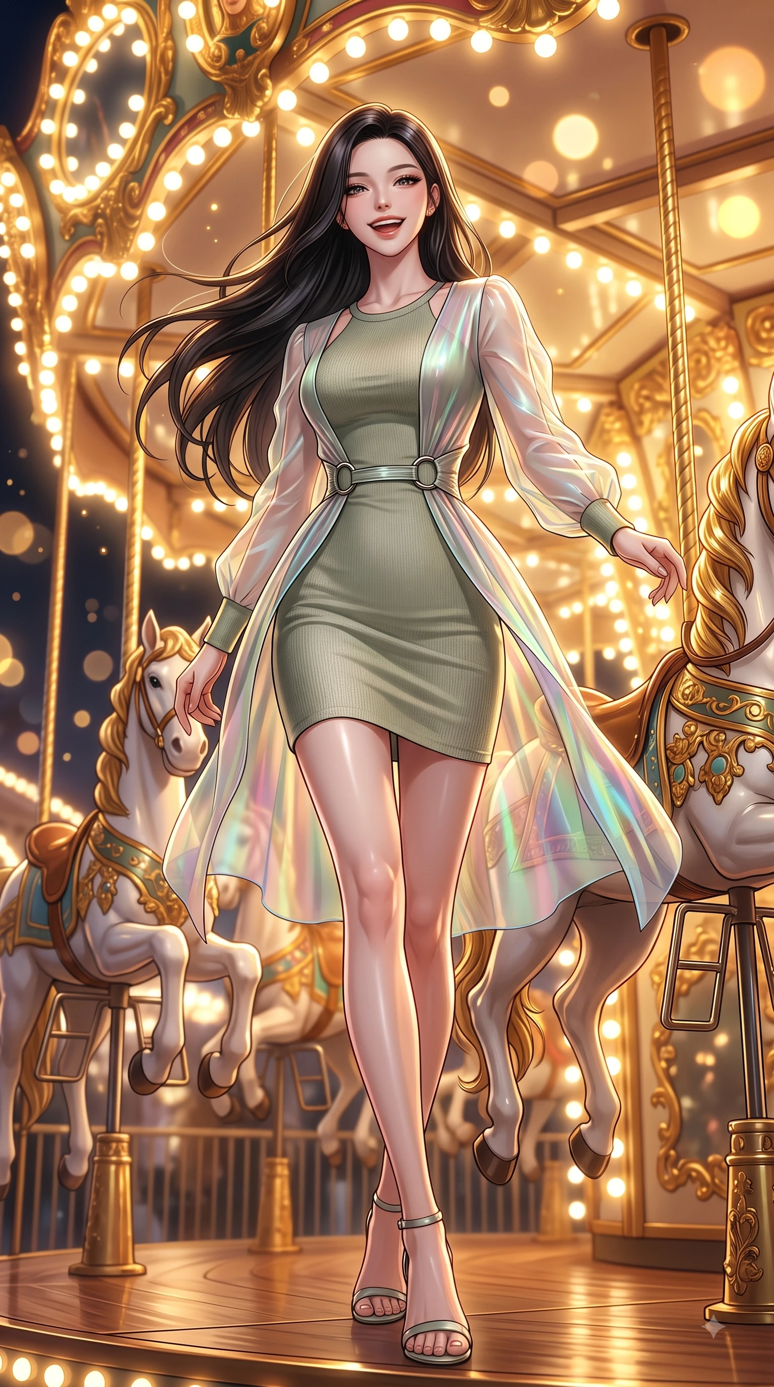 score_9, masterpiece, best quality, ultra-detailed, high-budget anime keyframe, editorial fashion photography, tasteful artistic composition, Korean woman. low angle full-body shot from head to toe showing her feet, filling the entire 9:16 vertical frame with her statuesque presence, stretching her vertical silhouette. pivoting dynamically in zero-gravity with a delighted laughing expression, displaying her perfect model proportions while stepping happily down a lit amusement park avenue surrounded by glowing light bulbs, ornate carved carousel horses with gold-leaf trim reflecting bright amber highlights. She has an absolutely perfect, statuesque 8.5-heads proportion, an exceptionally tall and slender model-like female figure with impossibly long slender legs and an ultra-slim waist. sharp v-shaped jawline, high-bridge nose, intricate jewel-like eyes with depth, thick eyelashes, glossy lips with a natural sheen, flawlessly proportioned anatomical accuracy, natural body alignment, perfectly sculpted elegant limbs, clean dynamic posture without body distortion. wearing a sleek bodycon knit dress with strategic sheer organza sleeve panels in sage green and oatmeal, crafted from iridescent chiffon that shifts colors in the light, accented with delicate chrome ring hardware framing her waist, the form-contouring material highlighting her ultra-slim waist and long lines. illuminated by cheerful festive backlighting with soft golden bokeh bubbles. ultra-reflective glossy finish, specular highlights, metallic sheen, high-contrast stereoscopic depth, volumetric dynamic lighting, 2k, ultra detail, master piece, 9:16 ratio