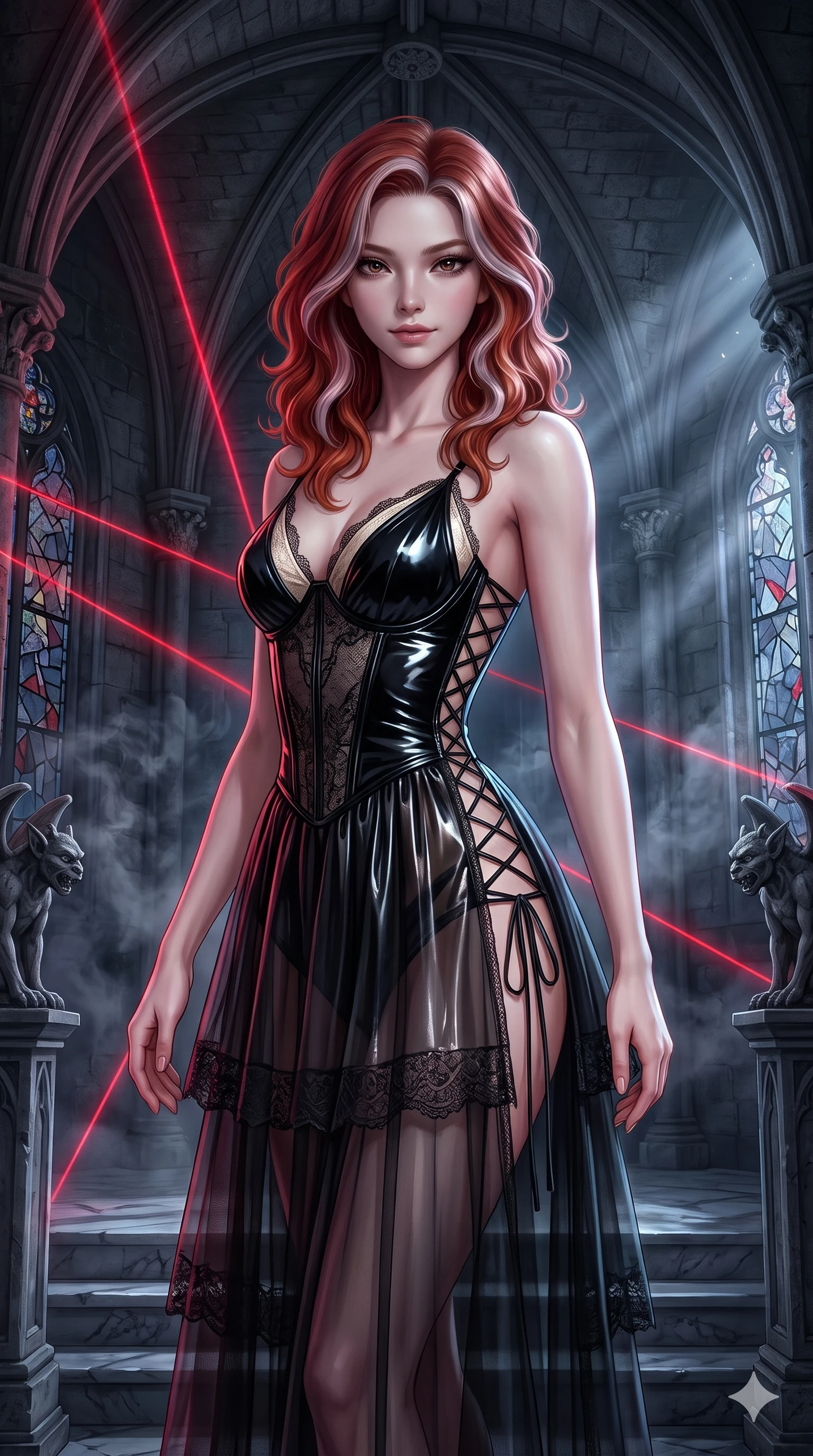 score_9, masterpiece, best quality, ultra-detailed, high-budget anime keyframe, semi-realistic 3D game render, editorial fashion photography, tasteful artistic composition, Caucasian woman. close-up cowboy shot from the waist and thighs up, the character dominates the composition, filling the frame with her large presence. twisting her slender torso in a deep contrapposto stance, hips dramatically shifted to accentuate her feminine curves while twisting her slender torso in an alluring contrapposto stance beneath the vaulted stone arches, moonlight and crimson laser rays tracing her curves. The surrounding environment is rendered in vivid detail and crisp panoramic clarity: sharp fractured stained-glass lead cames, carved stone gargoyle details, and cold marble altar step textures in deep focus. She has an exceptionally elegant, slender, and willowy female figure with an ultra-slim waist, flat toned midriff, narrow ribcage, and sculpted feminine hips creating an alluring, slim hourglass silhouette without bulk. sharp v-shaped jawline, high-bridge nose, intricate jewel-like dark sparkling eyes with hypnotic seductive depth, thick curled eyelashes, glossy parted lips with a natural wine sheen, alluring bedroom-eyes with an enigmatic smoldering smile, exuding magnetic sovereign charisma and dark avant-garde glamour, flawlessly proportioned anatomical accuracy, strict slender model proportions, natural body alignment, perfectly sculpted long slender limbs, ultra-slim waistline, clean dynamic posture without body distortion. wearing a tiered semi-sheer black tulle and silk slip dress with an ultra-slim corseted waist and bare shoulders in celestial champagne ivory and high-gloss jet black, crafted from wet-look high-gloss vinyl fabric with dazzling specular surface reflections, featuring fine criss-cross lace-up side ties revealing tantalizing glimpses of her hip curve, the form-fitting cut adhering flawlessly to her sculpted flat midriff and slender torso, emphasizing her long leg lines and perfectly proportioned willowy build. bathed in sharp crimson laser rim light piercing cold midnight shadows and incense smoke. highly saturated vibrant anime colors, detailed shading with soft gradients, rich glossy textures, high-contrast stereoscopic depth, volumetric dynamic lighting, master piece, 9:16 ratio