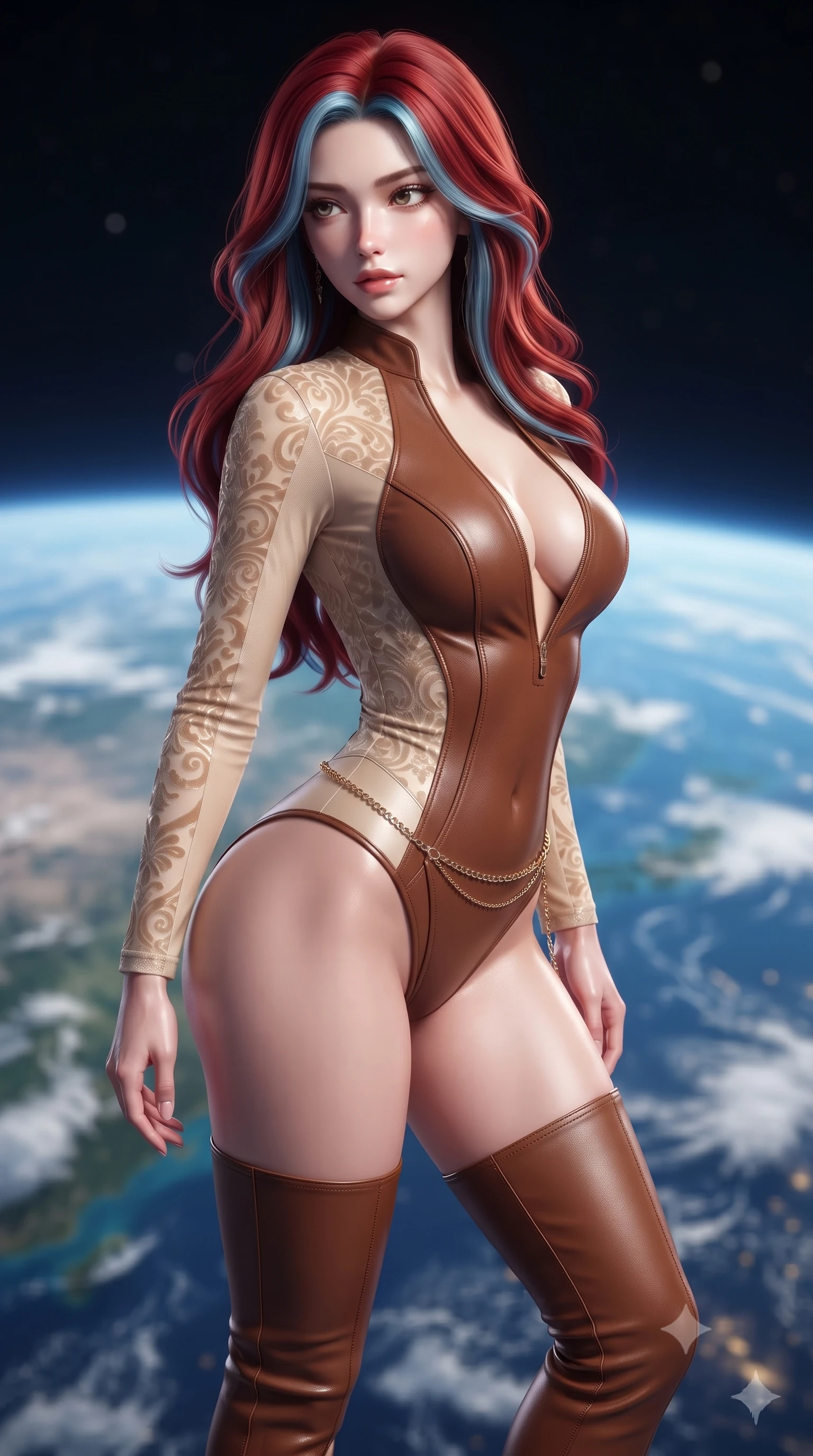score_9, masterpiece, best quality, ultra-detailed, high-budget anime keyframe, editorial fashion photography, tasteful artistic composition, Caucasian woman. close-up cowboy shot from the waist and thighs up, the character dominates the composition, filling the frame with her large presence. twisting her slender torso in a deep contrapposto stance, hips dramatically shifted to accentuate her feminine curves while looking past her shoulder with smoldering bedroom-eyes while standing poised on the magnetic observation deck, twisting her slender torso in an alluring S-curve as continents and cloud swirls drift beneath her feet. The composition keeps background elements in soft focus with creamy bokeh. swirling blue Earth oceans and blinding orbital sunrise ribbons blurred into deep azure, liquid gold, and starlight diamond bokeh. She has an exceptionally elegant, slender, and willowy female figure with an ultra-slim waist, flat toned midriff, narrow ribcage, and sculpted feminine hips creating an alluring, slim hourglass silhouette without bulk. sharp v-shaped jawline, high-bridge nose, intricate jewel-like eyes with depth, thick eyelashes, glossy parted lips with a natural sheen, intensely captivating and seductive bedroom-eyes expression, flawlessly proportioned anatomical accuracy, strict slender model proportions, natural body alignment, perfectly sculpted long slender limbs, ultra-slim waistline, clean dynamic posture without body distortion. wearing a form-contouring equestrian leather-and-gabardine bodysuit with a deep plunge neckline and riding boots in rich equestrian cognac brown and crisp champagne cream, made of sheer contouring power-mesh with velvet flocking patterns, accented with a delicate gold chain belt resting loosely on her curvy hips, the form-contouring material adhering flawlessly to her sculpted flat midriff and slender torso, emphasizing her long leg lines and perfectly proportioned willowy build. illuminated by sleek metallic specular reflections sharply defining her bare collarbones, ultra-slim waist, and curvy hips. ultra-reflective glossy finish, specular highlights, rich textural contrasts, high-contrast stereoscopic depth, volumetric dynamic lighting, 2k, ultra detail, master piece, 9:16 ratio