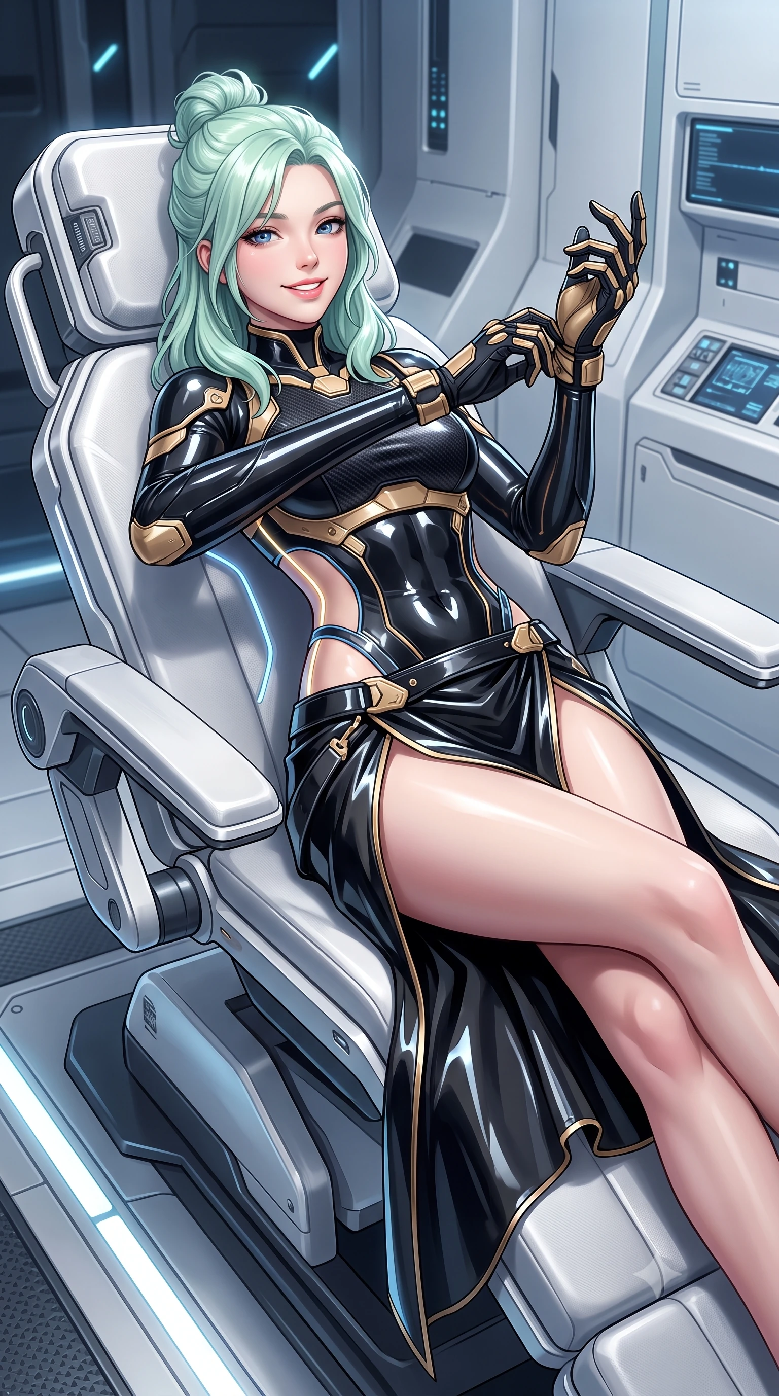 score_9, masterpiece, best quality, ultra-detailed, high-budget anime keyframe, semi-realistic 3D game render, editorial fashion photography, tasteful artistic composition, Japanese woman. close-up cowboy shot from the waist and thighs up, the character dominates the composition, filling the frame with her large presence. adjusting her tactical glove with cool confidence, her bright smile capturing fresh girlhood charm while her arched torso reveals an intoxicating hip contour while lounging gracefully on an ergonomic anti-gravity examination recliner, her long slender limbs and hourglass curves radiating high-tech allure. The surrounding environment is rendered in vivid detail and crisp panoramic clarity: sharp fiber-optic light tips, brushed white composite surfaces, and neural port hardware clarity in deep focus. She has an exceptionally elegant, slender, and willowy female figure with an ultra-slim waist, flat toned midriff, narrow ribcage, and sculpted feminine hips creating an alluring, slim hourglass silhouette without bulk. sharp v-shaped jawline, high-bridge nose, intricate jewel-like sparkling eyes with depth, thick eyelashes, glossy parted lips with a natural sheen, bright confident smile with an enchanting and coquettish sensual glint, exuding both youthful magnetic charm and sovereign high-tech allure, flawlessly proportioned anatomical accuracy, strict slender model proportions, natural body alignment, perfectly sculpted long slender limbs, ultra-slim waistline, clean dynamic posture without body distortion. wearing a cyber-samurai tactical suit featuring a shortened carbon chestplate and high-slit armored wrap skirt in glossy onyx black and warm champagne gold hardware, tailored from ultra-reflective glossy liquid vinyl with mirror-like specular highlights, accented with glowing neon fiber-optic piping tracing her spine and hip lines, the precision-cut side openings and low-back scoop framing her graceful spine and the sensual sweep of her slim, toned hips. illuminated by floor light strips and sharp icy-platinum rim lights defining her sculpted collarbones, ultra-slim waist, and curvy hips. highly saturated vibrant anime colors, detailed shading with soft gradients, rich glossy textures, high-contrast stereoscopic depth, volumetric dynamic lighting, master piece, 9:16 ratio