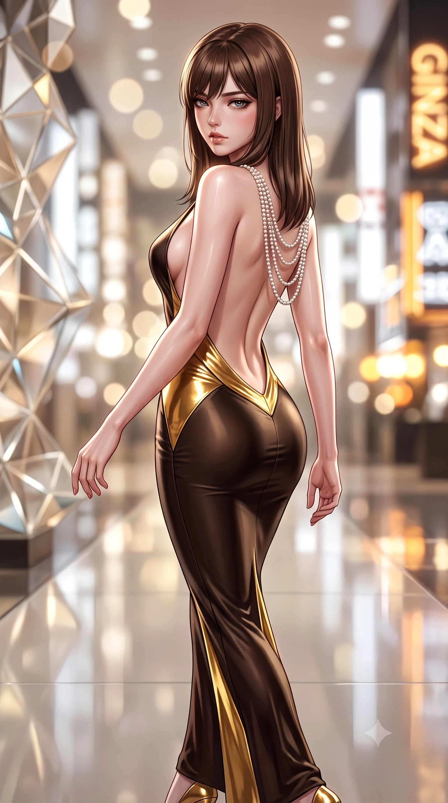 score_9, masterpiece, best quality, ultra-detailed, high-budget anime keyframe, semi-realistic 3D game render, editorial fashion photography, tasteful artistic composition, Korean woman. close-up cowboy shot from the waist and thighs up, the character dominates the composition, filling the frame with her large presence. leaning back with relaxed seductive grace, her sculpted collarbones and narrow waist highlighted as she casts smoldering bedroom-eyes directly into the camera while striding down the reflective gallery floor, her sleek aerodynamic outfit clinging to her narrow waist and long slender legs. The composition keeps background elements in soft focus with creamy bokeh. intricate geometric origami glass facets and glittering Ginza boulevard neon signs blurred into champagne, diamond-white, and electric amber bokeh. She has an exceptionally elegant, slender, and willowy female figure with an ultra-slim waist, flat toned midriff, narrow ribcage, and sculpted feminine hips creating an alluring, slim hourglass silhouette without bulk. sharp v-shaped jawline, high-bridge nose, intricate jewel-like eyes with depth, thick eyelashes, glossy parted lips with a natural sheen, intensely captivating and seductive bedroom-eyes expression, flawlessly proportioned anatomical accuracy, strict slender model proportions, natural body alignment, perfectly sculpted long slender limbs, ultra-slim waistline, clean dynamic posture without body distortion. wearing a liquid-silk jersey evening gown with an ultra-deep plunging open back descending to the base of her spine and a sculpted hip-hugging skirt in dark espresso brown and molten gold foil, tailored from second-skin aerodynamic stretch vinyl with specular wet sheen, accented with a multi-strand pearl back necklace cascading down her bare spine to her hips, the precision-cut side openings and low-back scoop framing her graceful spine and the sensual sweep of her slim, toned hips. illuminated by crisp crystal facet specular glints sharply defining her sculpted collarbones, ultra-slim waist, and curvy hips. highly saturated vibrant anime colors, detailed shading with soft gradients, rich glossy textures, high-contrast stereoscopic depth, volumetric dynamic lighting, master piece, 9:16 ratio