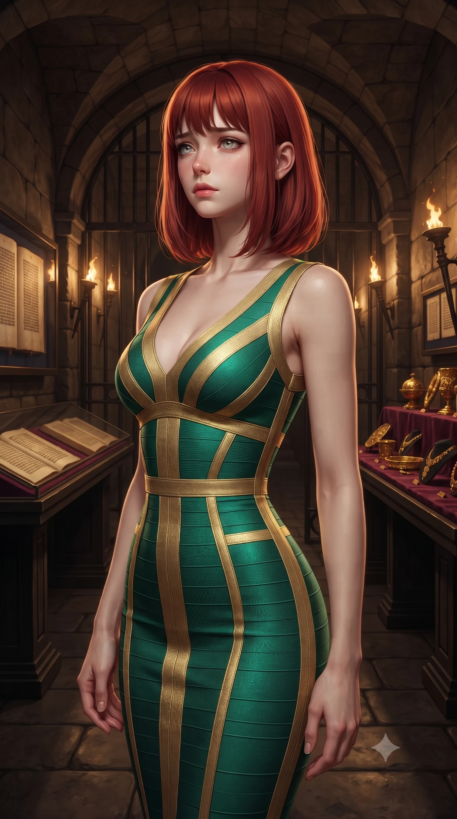 score_9, masterpiece, best quality, ultra-detailed, high-budget anime keyframe, editorial fashion photography, tasteful artistic composition, Caucasian woman, strictly human ears. close-up cowboy shot from the waist and thighs up, the character dominates the composition, filling the frame with her large presence, background elements kept in soft focus. Gazing into the distance with a wistful melancholic expression and softly glowing eyes. set against a soft-focus background of a subterranean vault with arched stone ceilings and heavy iron gates walls lined with ancient illuminated manuscripts under glass and gold artifacts gleaming on velvet-lined shelves stretching into torch-lit darkness. She has an exceptionally elegant and slender, willowy female figure with an ultra-slim waist, a gracefully sculpted slender torso, and a refined slim physique. sharp v-shaped jawline, high-bridge nose, intricate jewel-like eyes with depth, thick eyelashes, glossy lips with a natural sheen. wearing a precision-cut bandage dress in a striking emerald and gold pattern, contouring and highlighting her slender hourglass waist. warm flickering torchlight and focused museum spotlights on gold artifacts creating rich amber pools of light against deep stone shadows. 2k, ultra detail, master piece, 9:16 ratio