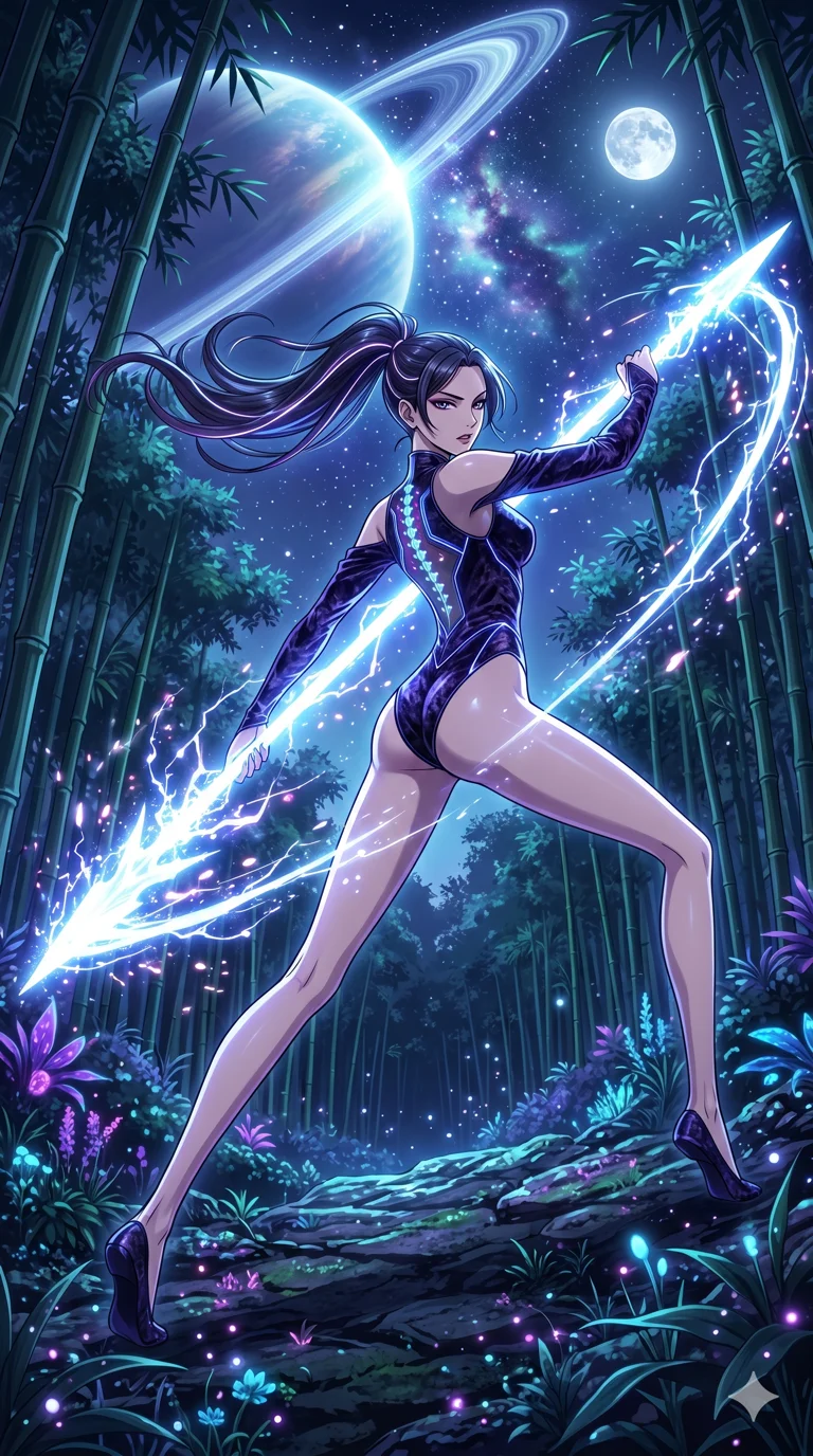 score_9, masterpiece, best quality, ultra-detailed, High-budget Anime Keyframe, vibrant colors, fluid line-art, expressive lighting, cinematic composition, Ufotable-style visual effects, top-tier animation quality, Japanese woman with delicate and elegant anime-inspired features. Dynamic full-body shot stretching the vertical silhouette, capturing her from a powerful low-angle perspective. Training with a spear made of pure concentrated energy under the silver light of a full moon in a bamboo forest. She has an absolutely perfect 8-heads proportion, an exceptionally tall and slender female figure with impossibly long slender legs and an ultra-slim waist, her statuesque height and towering silhouette dominating the vertical 9:16 frame. Her face is a masterpiece featuring a sharp v-shaped jawline, high-bridge nose, intricate jewel-like eyes with depth, thick eyelashes, and glossy lips with a natural sheen. She is wearing a Asymmetrical high-cut tech-bodysuit with detached sleeves and glowing fiber-optic seams crafted from Crushed dark velvet with a deep, rich texture that absorbs light and glows at the edges, boasting shoulder cut-outs and a glowing spinal interface visible through the back. The scene is set in a mysterious alien planet with bioluminescent purple flora and a giant ringed planet in the sky, illuminated by flickering starlight and nebula glow providing a mystical and vast ambiance. 2k, ultra detail, master piece, 9:16 ratio