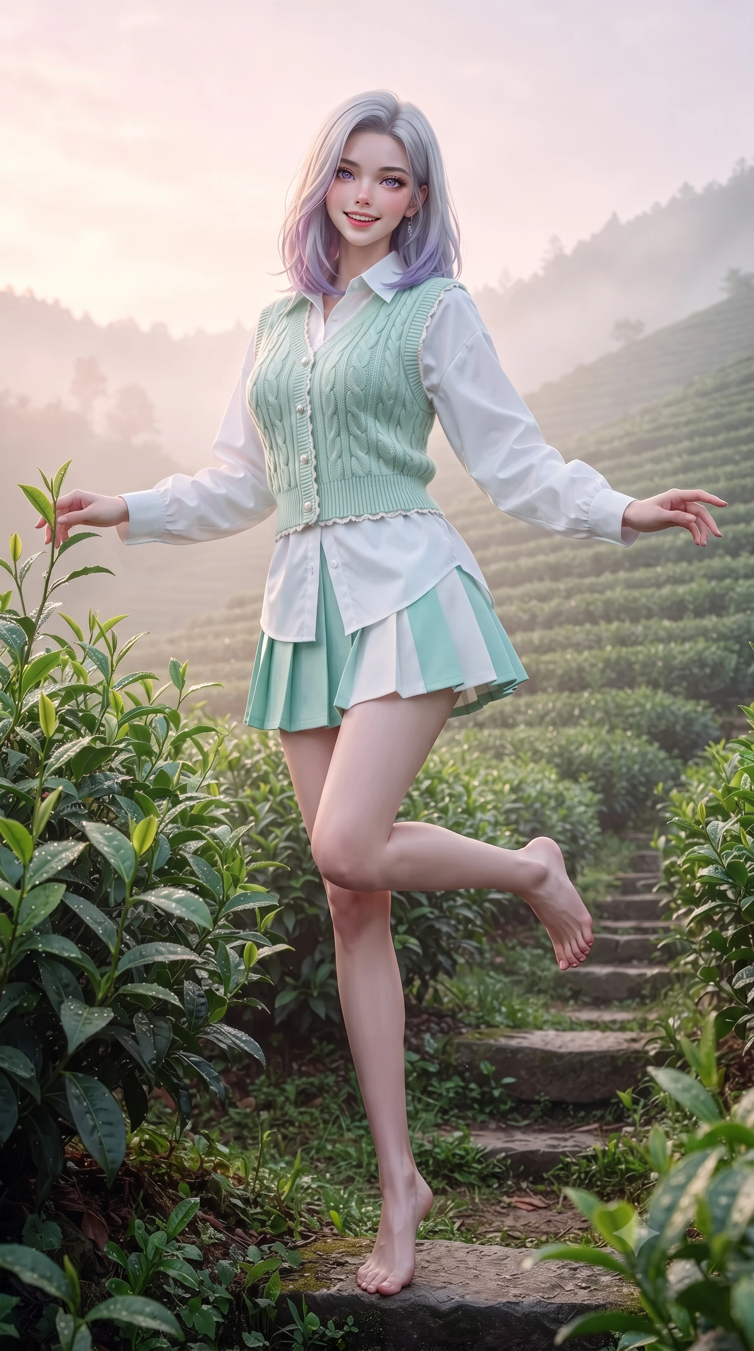 score_9, masterpiece, best quality, ultra-detailed, high-budget anime keyframe, editorial fashion photography, tasteful artistic composition, Caucasian woman. low angle full-body shot from head to toe showing her feet, filling the entire 9:16 vertical frame with her statuesque presence, stretching her vertical silhouette. standing poised on one leg with a playful hop and joyful expression, her long legs and slender figure highlighted against the landscape while gently touching tender fresh green tea shoots with a bright, refreshed morning smile into the camera. The surrounding environment is rendered in vivid detail and crisp panoramic clarity. crisp morning chiaroscuro and tranquil hillside plantation geometry captured with environmental elegance. She has an absolutely perfect, statuesque 8.5-heads proportion, an exceptionally tall and slender model-like female figure with impossibly long slender legs, a toned flat midriff, and an ultra-slim waist. sharp v-shaped jawline, high-bridge nose, intricate jewel-like eyes with depth, thick eyelashes, glossy lips with a natural sheen, pure and lovely fresh girlhood expression, flawlessly proportioned anatomical accuracy, strict slender model proportions, natural body alignment, perfectly sculpted long slender limbs, ultra-slim waistline, clean dynamic posture without body distortion. wearing a cozy cable-knit sweater vest layered over an oversized crisp white shirt and a pleated tennis skirt in refreshing mint green and crisp sea-salt white, tailored from soft pastel lightweight wool blend with subtle texture, finished with delicate scallop trims and tiny pearl buttons, the body-hugging lightweight knit clinging delicately to her slender torso, accentuating her graceful neck and feminine lines. bathed in soft pastel pink and golden dawn sunrise light breaking through rolling morning mist. ultra-reflective glossy finish, specular highlights, rich natural textures, high-contrast stereoscopic depth, volumetric dynamic lighting, 2k, ultra detail, master piece, 9:16 ratio