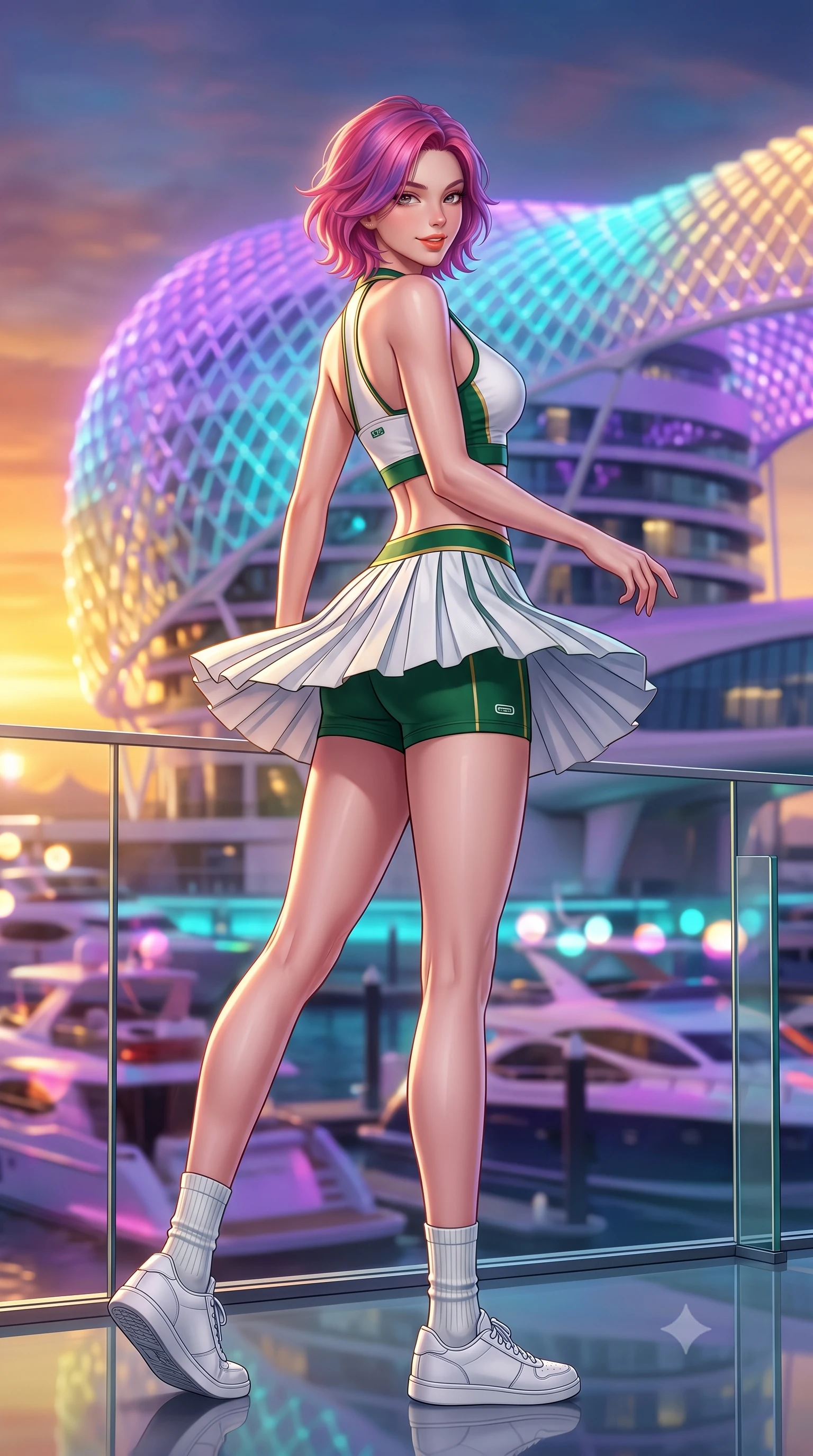 score_9, masterpiece, best quality, ultra-detailed, high-budget anime keyframe, semi-realistic 3D game render, editorial fashion photography, tasteful artistic composition, Caucasian woman. low angle full-body shot from head to toe showing her feet, filling the entire 9:16 vertical frame with her statuesque presence, stretching her vertical silhouette. executing an athletic pivot turn as her pleated tennis skirt flutters around her slender legs, glancing over her shoulder with an intoxicating, teasing bedroom-gaze while standing poised on the glass-walled VIP rooftop terrace as the sun sets over the futuristic illuminated grid shell hotel, arching her back with majesty. The background shows a soft-focus the colossal flowing LED grid shell of the Yas Hotel shifting in violet, cyan, and gold and luxury yachts in the marina blurred into vibrant bokeh. She has an absolutely perfect, statuesque 8.5-heads proportion, an exceptionally tall and slender model-like female figure with impossibly long slender legs, an ultra-slim waist, a flat toned midriff, narrow delicate ribcage, and beautifully sculpted feminine hips creating a graceful, slim hourglass silhouette without any bulky heaviness. sharp v-shaped jawline, high-bridge nose, sparkling eyes with athletic focus and depth, thick curled eyelashes, glossy parted lips with a natural coral-peach sheen, bright confident and coquettish smile with alluring bedroom-eyes, exuding both youthful sporty vigor and sovereign high-society glamour, flawlessly proportioned anatomical accuracy, strict slender model proportions, natural body alignment, perfectly sculpted long slender limbs, ultra-slim waistline, clean dynamic posture without body distortion. wearing a modern two-piece athletic set featuring a zip-front halter sports crop top and curve-hugging tennis skirt with built-in compression shorts in crisp Wimbledon white and British racing green with gold accents, made of second-skin technical compression piqué knit with moisture-wicking stretch, complemented by ribbed knit crew socks and clean white designer court sneakers, the glove-like aerodynamic silhouette tightly following the natural contour of her hips and long slender legs with youthful 8.5-heads elegance. bathed in dramatic desert sunset golden hour twilight combined with vibrant LED canopy color washes. highly saturated vibrant anime colors, detailed shading with soft gradients, rich glossy textures, high-contrast stereoscopic depth, volumetric dynamic lighting, master piece, 9:16 ratio