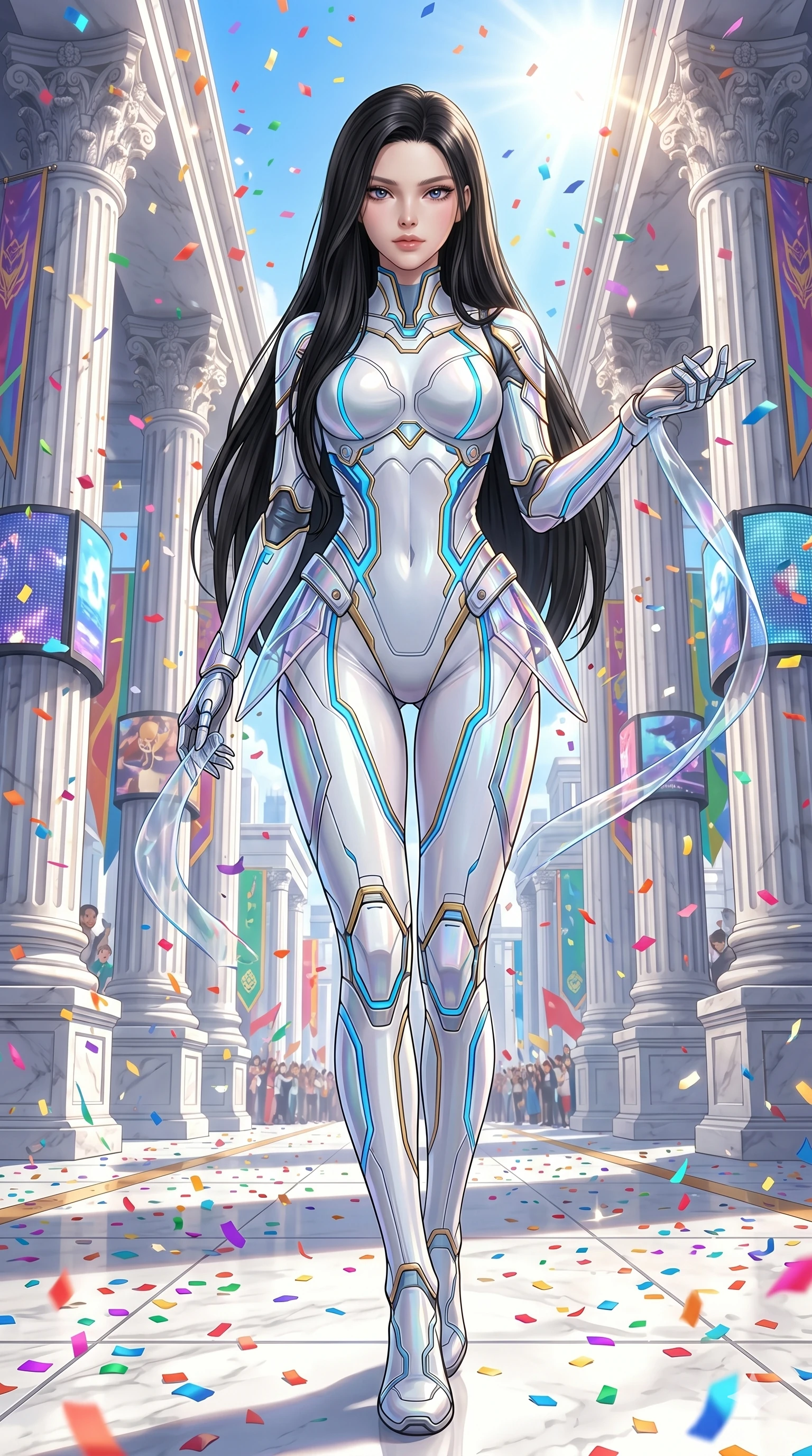 score_9, masterpiece, best quality, ultra-detailed, High-budget Anime Keyframe, beautiful Japanese anime girl. Low angle cowboy shot filling the entire 9:16 frame with her statuesque presence. Standing in a rain of colorful confetti on a grand parade in a white marble city. She has an absolutely perfect 8-heads proportion, an exceptionally tall and slender female figure with impossibly long slender legs and an ultra-slim waist. Sharp v-shaped jawline, high-bridge nose, intricate jewel-like eyes with depth, thick eyelashes, glossy lips with a natural sheen. Wearing a Tech-Fantasy outfit: white cybernetic tech-suit with glowing seams and translucent PVC. Background is a bright and colorful city street with vibrant decorations and bright sunlight. 2k, ultra detail, master piece, 9:16 ratio