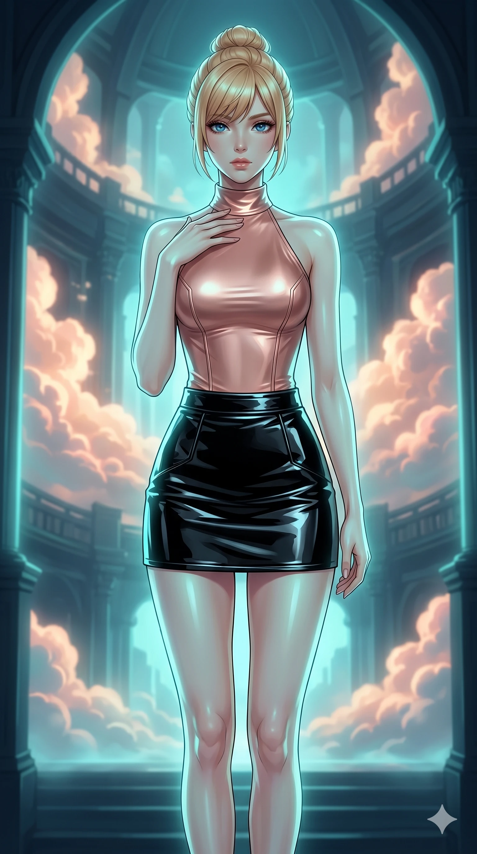 score_9, masterpiece, best quality, ultra-detailed, high-budget anime keyframe, editorial fashion photography, tasteful artistic composition, Caucasian woman, strictly human ears. cowboy shot from the thighs up, character and outfit filling the frame for maximum editorial presence. Pressing one hand lightly to her collarbone in a composed gesture inside a luminous cloud palace where cumulus formations glow with amber and rose from within. She has an absolutely perfect 8-heads proportion, an exceptionally tall and slender female figure with impossibly long slender legs and an ultra-slim waist. V-shaped jawline, high-bridge nose, intricate jewel-like eyes with depth, thick eyelashes, glossy lips with a natural sheen. wearing a form-flattering high-neck bodysuit in liquid rose-gold jersey with clean structural seaming that defines the torso, worn with a high-waist black patent leather structured mini skirt. illuminated by soft aqua bioluminescent light that makes her skin luminously glow against the dark. 2k, ultra detail, master piece, 9:16 ratio