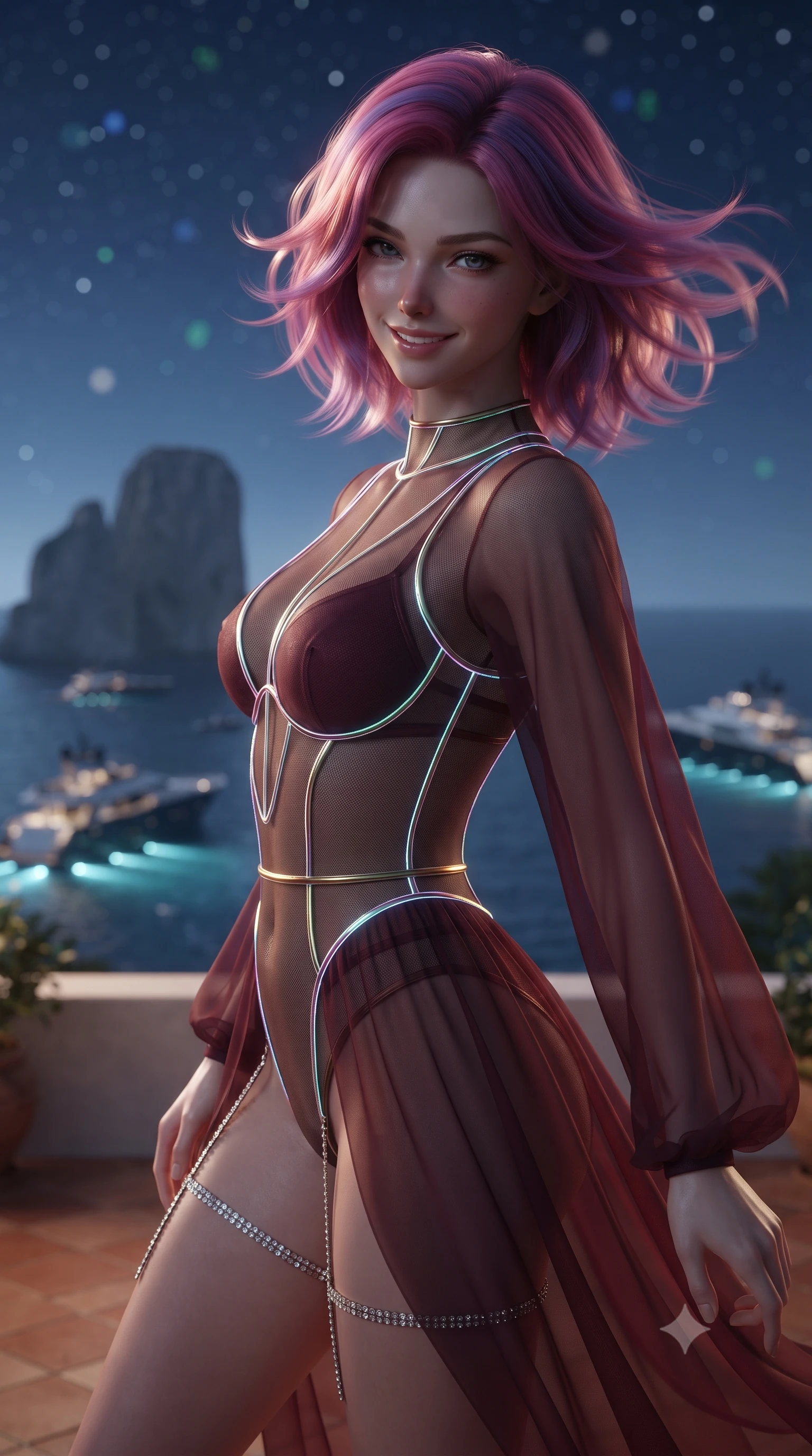score_9, masterpiece, best quality, ultra-detailed, high-budget anime keyframe, editorial fashion photography, tasteful artistic composition, Caucasian woman. close-up cowboy shot from the waist and thighs up, the character dominates the composition, filling the frame with her large presence. turning slowly with an enchanting smoldering smile, her glossy hair tossing in the breeze as her hips angle gracefully in a captivating contrapposto while twisting her slender torso in an alluring S-curve on the terracotta terrace, moonlight and lemon grove shadows tracing her flat midriff. The background shows a soft-focus iconic limestone Faraglioni rock monoliths standing in silver moonlit waves, luxury yachts anchored with underwater lights, and starry sky blurred into sapphire, emerald, and silver bokeh. She has an exceptionally elegant, slender, and willowy female figure with an ultra-slim waist, flat toned midriff, narrow ribcage, and sculpted feminine hips creating an alluring, slim hourglass silhouette without bulk. sharp v-shaped jawline, high-bridge nose, intricate jewel-like sparkling eyes with depth, thick eyelashes, glossy parted lips with a natural peach sheen, bright cheerful beaming smile with an enchanting and coquettish sensual glint, exuding both youthful cute charm and seductive allure, flawlessly proportioned anatomical accuracy, strict slender model proportions, natural body alignment, perfectly sculpted long slender limbs, ultra-slim waistline, clean dynamic posture without body distortion. wearing a provocative cyber-mesh sheer bodysuit with luminescent holographic fiber piping contouring her hourglass frame in French boudoir bordeaux wine and antique brass, made of sheer gossamer chiffon that drapes softly against skin with airy translucence, finished with delicate crystal-encrusted thigh garter straps glinting in the dim light, the second-skin tailored fabric adhering flawlessly to her sculpted flat midriff and slender torso, emphasizing her long leg lines and perfectly proportioned willowy build. illuminated by sea reflection bounce and sharp silver-gold rim lights sculpting her jawline, narrow waist, and curvy hips. ultra-reflective glossy finish, specular highlights, rich textural contrasts, high-contrast stereoscopic depth, volumetric dynamic lighting, 2k, ultra detail, master piece, 9:16 ratio