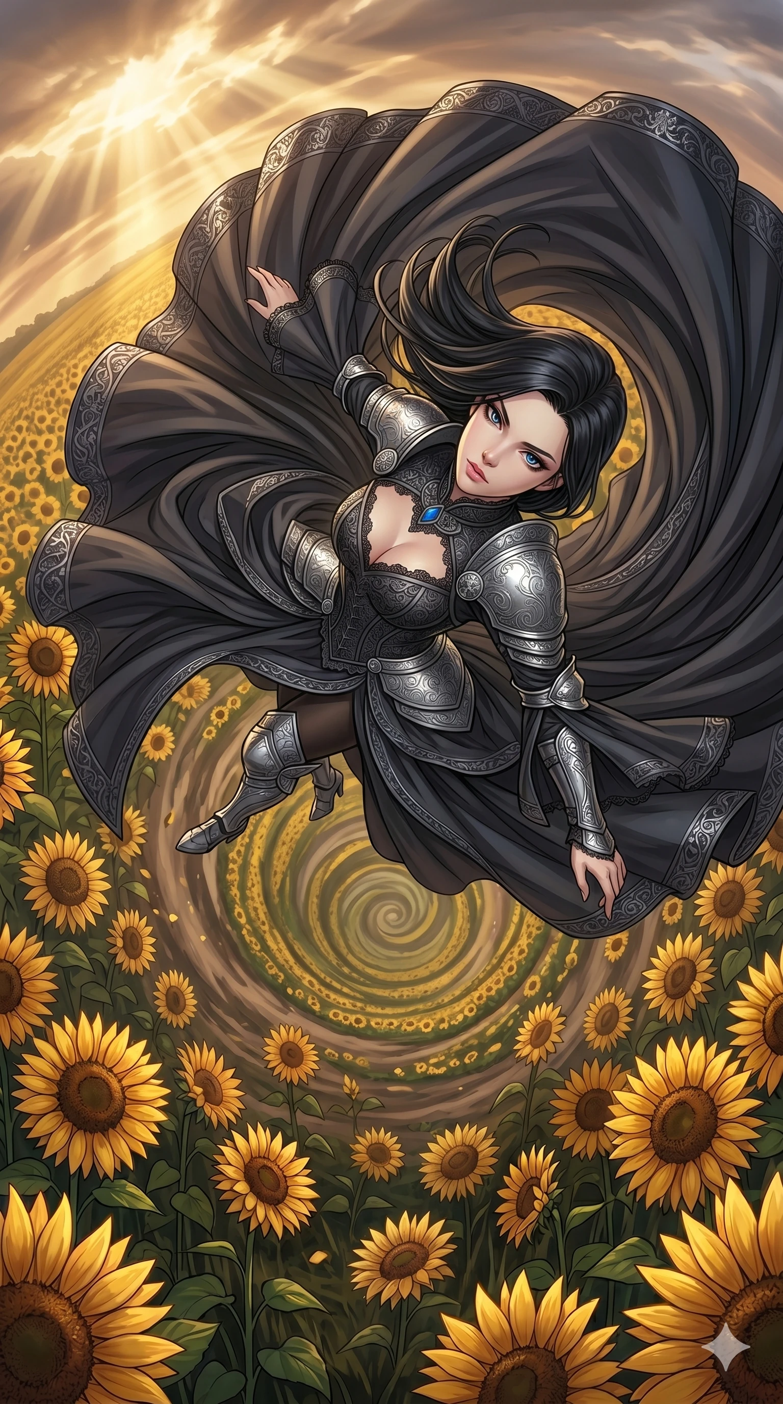 score_9, masterpiece, best quality, ultra-detailed, high-budget anime movie keyframe, cinematic anime lighting, intricate line art, Caucasian (strictly human ears) anime girl. Dynamic full-body shot stretching the vertical silhouette with extreme perspective. spinning in a field of sunflowers that all sway in time with her. She has an absolutely perfect 8-heads proportion, an exceptionally tall and slender female figure with an ultra-slim waist and impossibly long slender legs. strictly human anatomy, two legs only, no extra limbs, clearly defined legs and arms, perfect anatomy, perfect hands and fingers. sharp v-shaped jawline, high-bridge nose, intricate jewel-like eyes, thick eyelashes, glossy lips. Wearing Dark Fantasy: Gothic lace corset gown, bell-sleeved sorceress robes, and engraved silver plate armor over silk. The scene is illuminated by dramatic atmospheric lighting and vibrant color palettes. , 2k, ultra detail, master piece, 9:16 ratio
