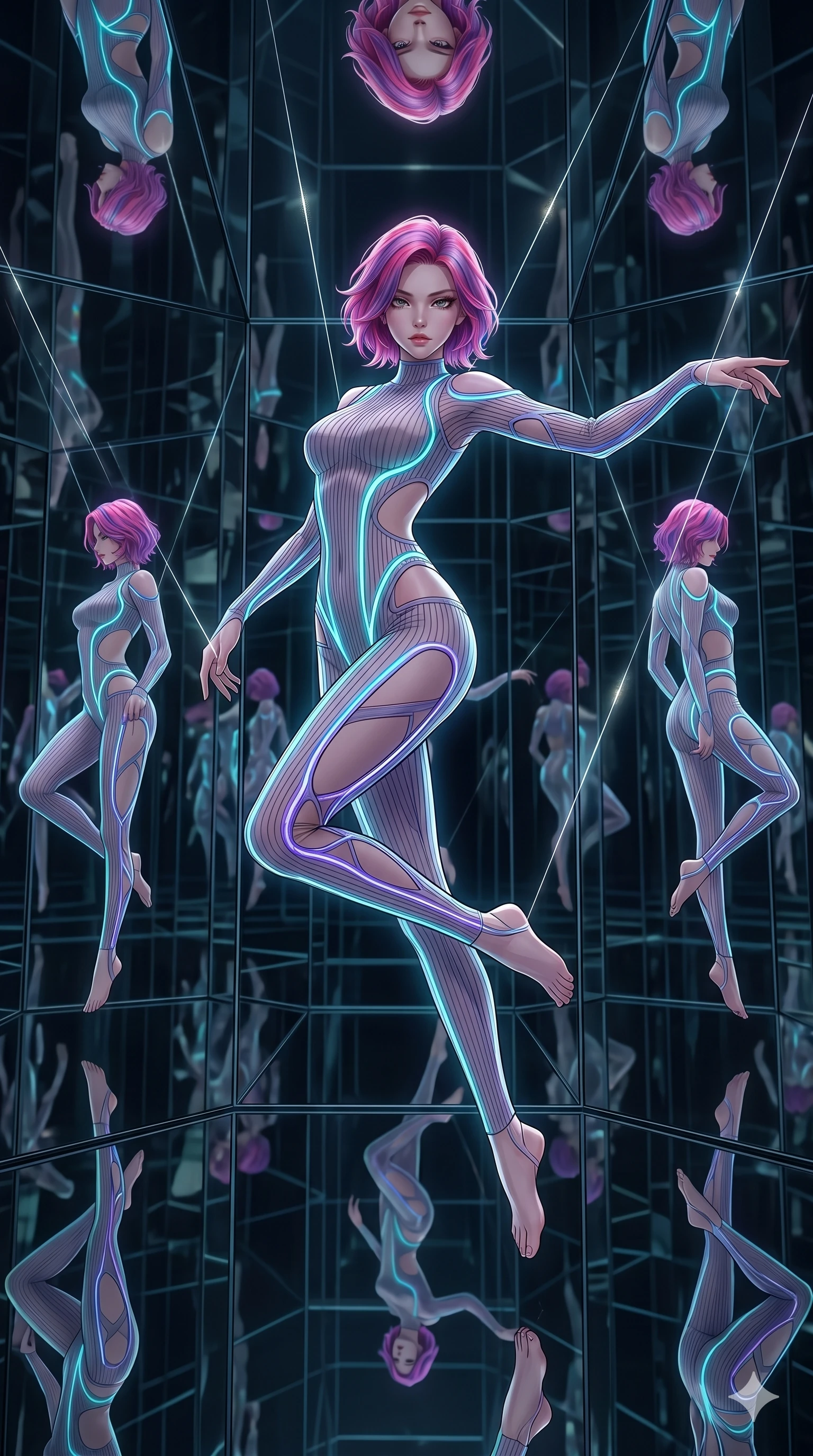 score_9, masterpiece, best quality, ultra-detailed, High-budget Anime Keyframe, East Asian woman. Dynamic full-body shot stretching the vertical silhouette to the limit. Scenario 226: Suspended by invisible silk threads in a hall of mirrors. Her presence is magnetic and overpowering in this high-budget anime scene. Outfit 226: A ribbed bodycon knit mesh with a strategic side cut-outs and glowing LED seams. The clothing is designed to emphasize her exceptionally tall and slender 8-heads proportion. 8-heads proportion, towering silhouette, ultra-slim waist. sharp v-shaped jawline, intricate jewel-like eyes with depth, thick eyelashes, glossy lips. 2k, ultra detail, master piece, 9:16 ratio