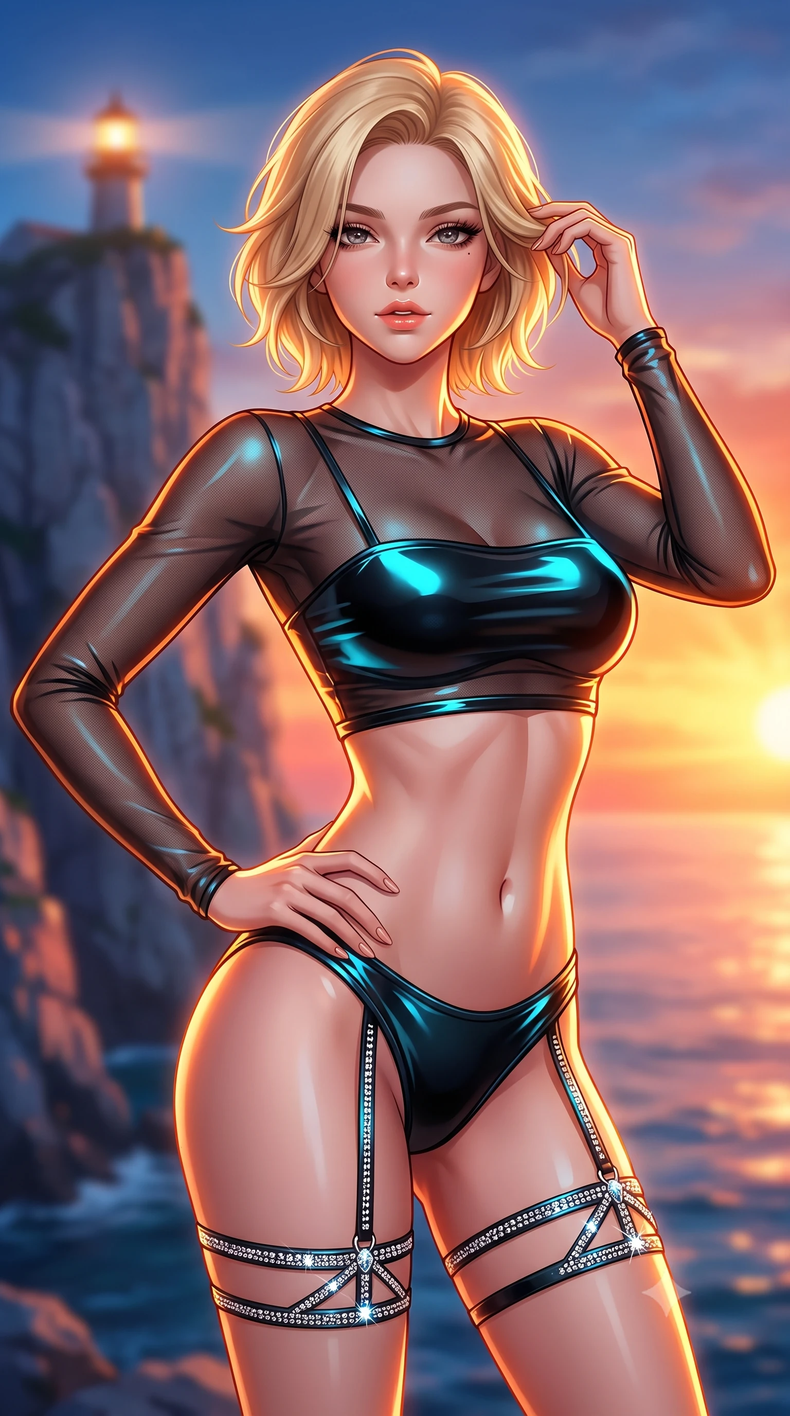 score_9, masterpiece, best quality, ultra-detailed, high-budget anime keyframe, semi-realistic 3D game render, editorial fashion photography, tasteful artistic composition, Caucasian woman. close-up cowboy shot from the waist and thighs up, the character dominates the composition, filling the frame with her large presence. twisting her slender torso in an alluring contrapposto stance, one hand resting on her sculpted hip while her fingers toy with her hair with effortless poise while twisting her slender torso in an alluring S-curve, fiery sunset rays tracing her form-fitting outfit and curvy hips. The background shows a soft-focus towering jagged limestone sea cliffs plunging into the Mediterranean, the glowing lighthouse lantern, and fiery sky blurred into cobalt, copper, and rose-gold bokeh. She has an exceptionally elegant, slender, and willowy female figure with an ultra-slim waist, flat toned midriff, narrow ribcage, and sculpted feminine hips creating an alluring, slim hourglass silhouette without bulk. sharp v-shaped jawline, high-bridge nose, sparkling eyes with hypnotic seductive depth, thick curled eyelashes, glossy parted lips with a natural dewy peach sheen, alluring bedroom-eyes with an enchanting coquettish smile, exuding magnetic siren charisma and sophisticated glamour, flawlessly proportioned anatomical accuracy, strict slender model proportions, natural body alignment, perfectly sculpted long slender limbs, ultra-slim waistline, clean dynamic posture without body distortion. wearing a sheer gossamer mesh long-sleeve rashguard crop top layered over an opaque strappy bandeau and low-waisted briefs in wet-look onyx black with electric cyan reflections, made of semi-opaque stretch illusion mesh with soft shadowy contours, finished with delicate crystal-encrusted thigh garter straps glinting in the sunlight, the glove-like clinging cut tightly following the natural contour of her hips and long slender legs with youthful 8.5-heads elegance. illuminated by open ocean reflection fill and sharp warm-gold rim lights sculpting her razor-sharp jawline, flat midriff, and curvy hips. highly saturated vibrant anime colors, detailed shading with soft gradients, rich glossy textures, high-contrast stereoscopic depth, volumetric dynamic lighting, master piece, 9:16 ratio