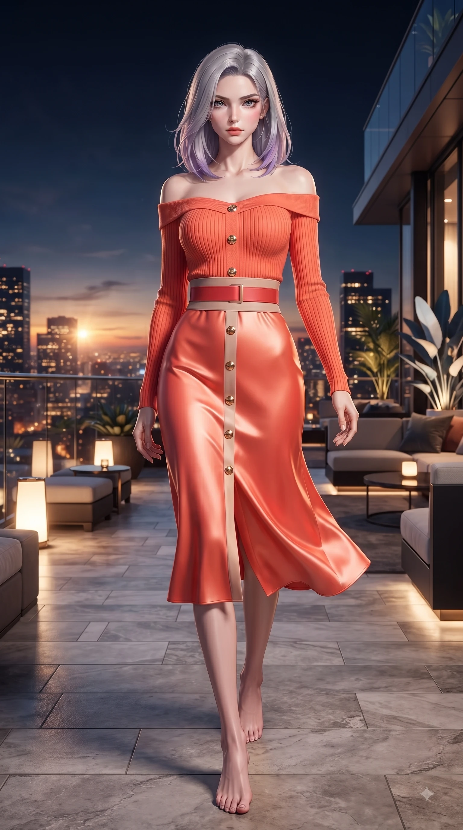 score_9, masterpiece, best quality, ultra-detailed, high-budget anime keyframe, editorial fashion photography, tasteful artistic composition, Caucasian woman. low angle full-body shot from head to toe showing her feet, filling the entire 9:16 vertical frame with her statuesque presence, stretching her vertical silhouette. Haughty, chic expression with a poised chin-tilt and an aloof, magnetic gaze commanding attention while stepping gracefully onto an open-air rooftop lounge as golden sunset city lights twinkle. The surrounding environment is rendered in vivid detail and crisp panoramic clarity. vibrant city night lights and sleek rooftop lounge decor captured with environmental precision. She has an absolutely perfect, statuesque 8.5-heads proportion, an exceptionally tall and slender model-like female figure with impossibly long slender legs and an ultra-slim waist. sharp v-shaped jawline, high-bridge nose, intricate jewel-like eyes with depth, thick eyelashes, glossy lips with a natural sheen, flawlessly proportioned anatomical accuracy, natural body alignment, perfectly sculpted elegant limbs, clean dynamic posture without body distortion. wearing a bold coral orange off-shoulder ribbed knit dress with a fitted waist belt in vibrant coral red and soft beige, crafted from smooth liquid silk satin, finished with gold metallic hardware buttons along the front, the chic fashion cut framing her graceful clavicle and slender torso. surrounded by an opulent, glamorous, and high-fashion nightlife editorial aura. ultra-reflective glossy finish, specular highlights, metallic sheen, high-contrast stereoscopic depth, volumetric dynamic lighting, 2k, ultra detail, master piece, 9:16 ratio
