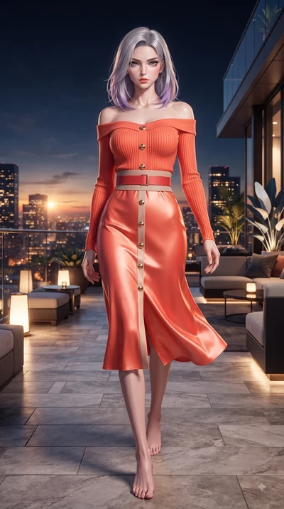 score_9, masterpiece, best quality, ultra-detailed, high-budget anime keyframe, editorial fashion photography, tasteful artistic composition, Caucasian woman. low angle full-body shot from head to toe showing her feet, filling the entire 9:16 vertica