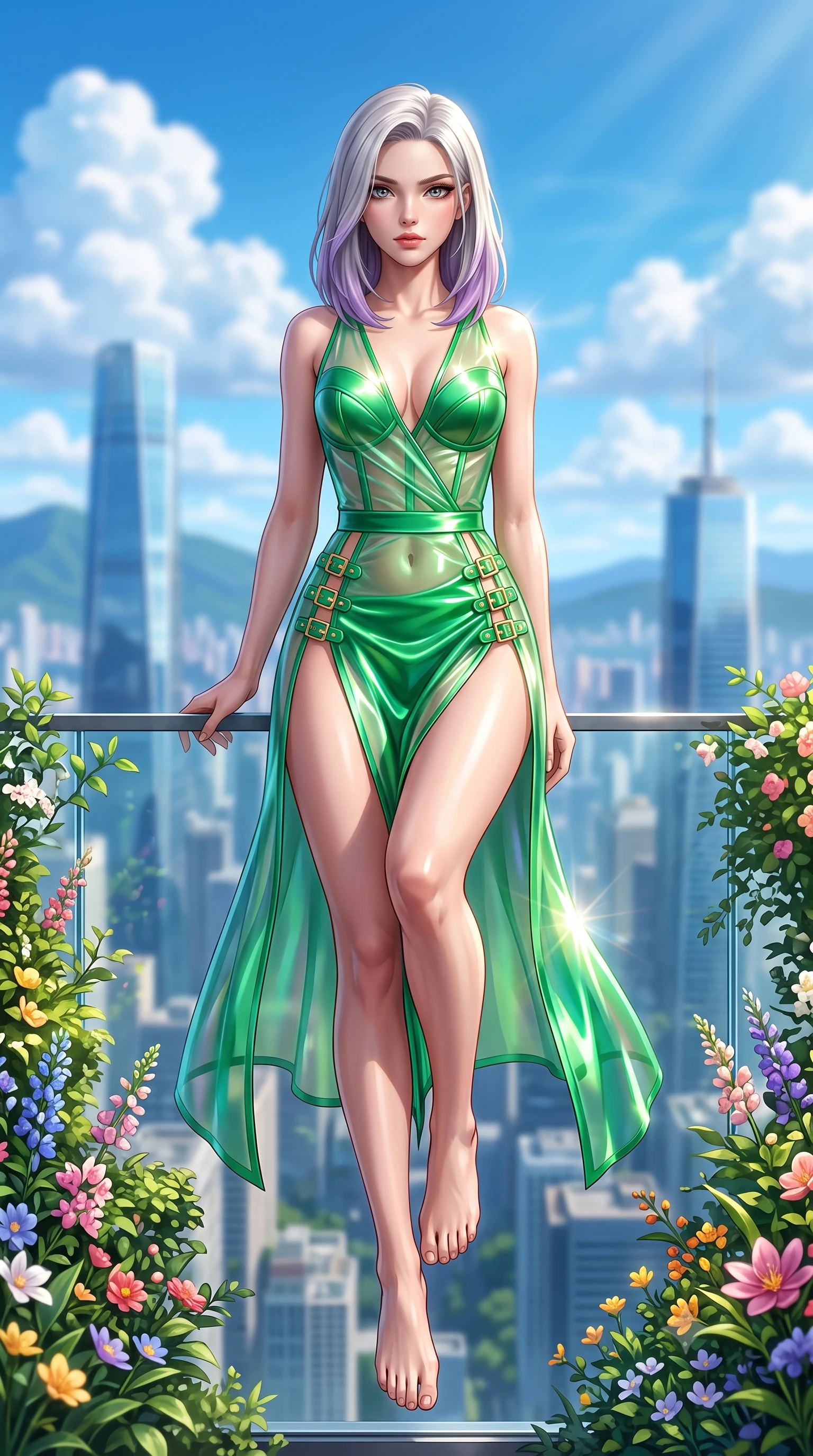 score_9, masterpiece, best quality, ultra-detailed, high-budget anime keyframe, semi-realistic 3D game render, editorial fashion photography, tasteful artistic composition, Caucasian woman. low angle full-body shot from head to toe showing her feet, filling the entire 9:16 vertical frame with her statuesque presence, stretching her vertical silhouette. performing an alluring mid-air vault with flawless poise, looking directly into the camera with smoldering intensity while standing with statuesque poise on a 120th-floor sky-garden terrace flanked by lush blooming flora and clear blue skies. The composition keeps background elements in soft focus with creamy bokeh. towering glass skyscraper spires and white fluffy cumulus clouds blurred into vivid sky-blue bokeh. She has an absolutely perfect, statuesque 8.5-heads proportion, an exceptionally tall and slender model-like female figure with impossibly long slender legs, a toned flat midriff, and an ultra-slim waist. sharp v-shaped jawline, high-bridge nose, intricate jewel-like eyes with depth, thick eyelashes, glossy lips with a natural sheen, flawlessly proportioned anatomical accuracy, strict slender model proportions, natural body alignment, perfectly sculpted long slender limbs, ultra-slim waistline, clean dynamic posture without body distortion. wearing a translucent iridescent organza wrap dress with structured bustier boning, plunging neckline, and high-cut dual leg slits in bright emerald green satin and gold hardware, formed from high-gloss patent material with specular light reflections, finished with an ultra-high side slit secured by miniature magnetic clasps, the glove-like aerodynamic second-skin fit tightly clinging to her ultra-slender waist and athletic curves without adding bulk, accentuating her razor-sharp statuesque lines and slim hourglass silhouette. bathed in brilliant high-noon sunbursts and rich sky-blue ambient bounce light. highly saturated vibrant anime colors, detailed shading with soft gradients, rich glossy textures, high-contrast stereoscopic depth, volumetric dynamic lighting, master piece, 9:16 ratio