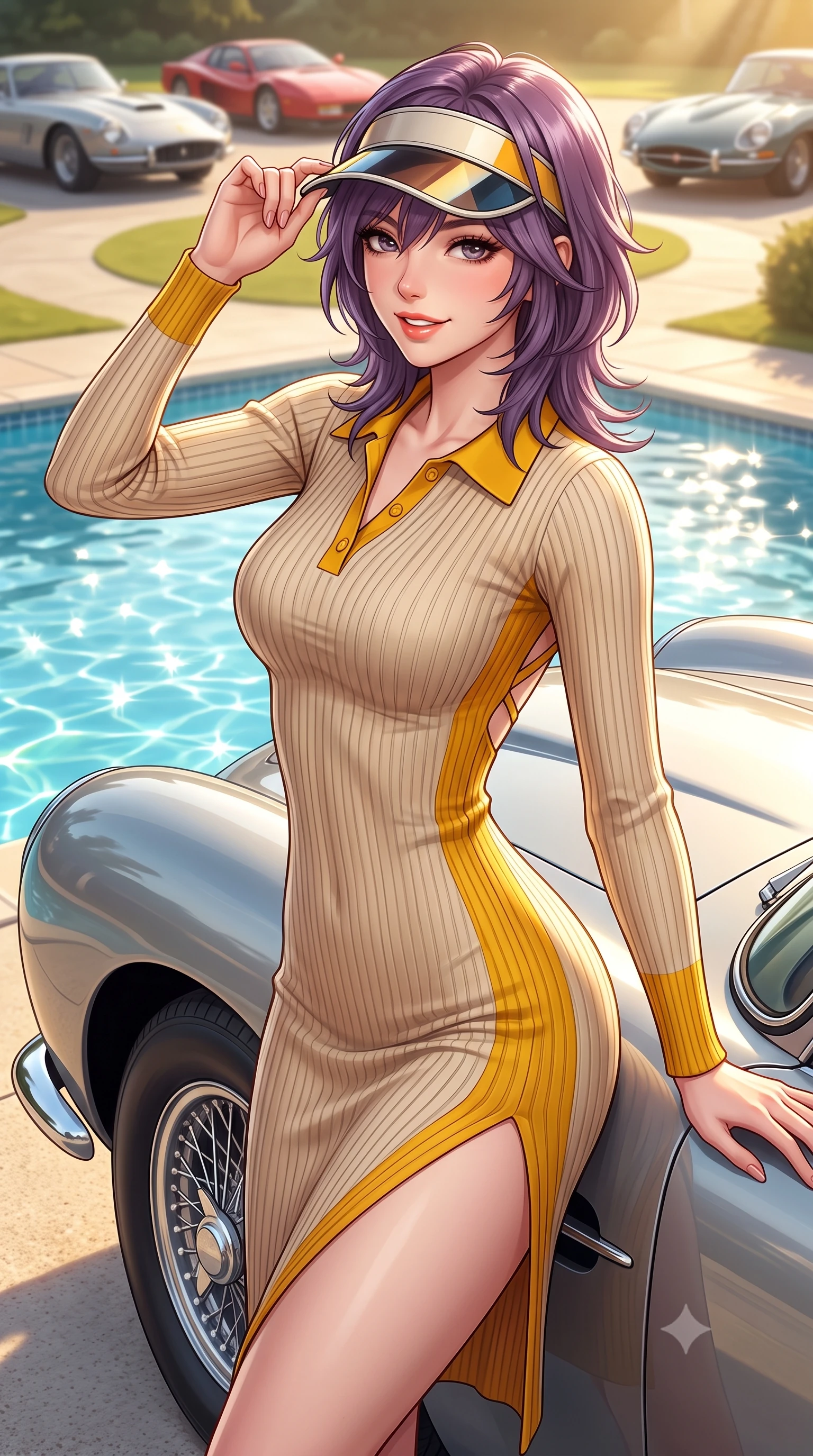 score_9, masterpiece, best quality, ultra-detailed, high-budget anime keyframe, semi-realistic 3D game render, editorial fashion photography, tasteful artistic composition, Japanese woman. close-up cowboy shot from the waist and thighs up, the character dominates the composition, filling the frame with her large presence. tilting her head with a cute beaming smile while arching her spine with athletic poise, one hand adjusting her racing visor in a flirtatious S-curve while standing beside the iconic silver fender of a vintage Aston Martin DB5 parked by the pool, arching her back with classic Hollywood glamour. The background shows a soft-focus vintage sports cars parked along the circular driveway softened in golden age Hollywood shallow focus. She has an exceptionally elegant, slender, and willowy female figure with an ultra-slim waist, flat toned midriff, narrow ribcage, and sculpted feminine hips creating an alluring, slim hourglass silhouette without bulk. sharp v-shaped jawline, high-bridge nose, sparkling eyes with athletic focus and depth, thick curled eyelashes, glossy parted lips with a natural coral-peach sheen, bright confident and coquettish smile with alluring bedroom-eyes, exuding both youthful sporty vigor and sovereign high-society glamour, flawlessly proportioned anatomical accuracy, strict slender model proportions, natural body alignment, perfectly sculpted long slender limbs, ultra-slim waistline, clean dynamic posture without body distortion. wearing a retro-chic ribbed polo sweater dress with a high side thigh slit and form-fitting silhouette in warm oatmeal beige and deep Ferrari yellow, made of smooth liquid-tight stretch jersey emphasizing every curve of her body, finished with criss-cross back athletic straps highlighting her graceful shoulder blades, the form-contouring athletic cut accentuating her sculpted flat midriff, narrow delicate ribcage, and gracefully curvy hips with supermodel precision. bathed in bright California afternoon sunbeams reflecting off sparkling pool water. highly saturated vibrant anime colors, detailed shading with soft gradients, rich glossy textures, high-contrast stereoscopic depth, volumetric dynamic lighting, master piece, 9:16 ratio