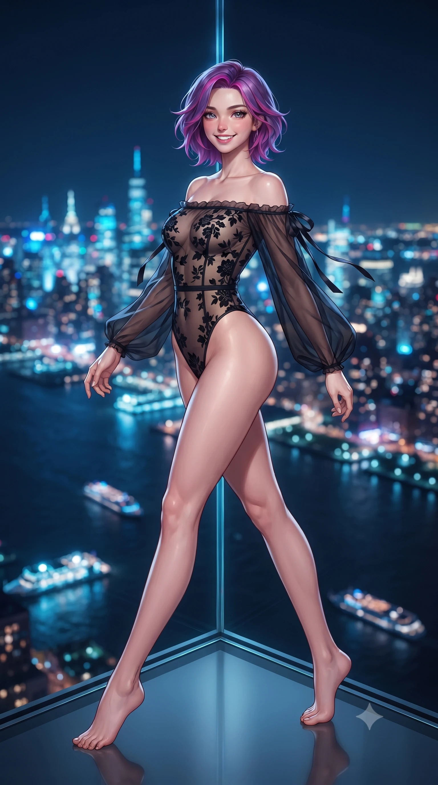 score_9, masterpiece, best quality, ultra-detailed, high-budget anime keyframe, editorial fashion photography, tasteful artistic composition, Caucasian woman. low angle full-body shot from head to toe showing her feet, filling the entire 9:16 vertical frame with her statuesque presence, stretching her vertical silhouette. stepping forward in a confident stride, her long slender legs and curvaceous hips creating a dynamic, sweeping vertical line while standing poised at the frameless glass corner suspended above the Hudson River, arching her back as midnight cruise ships and New Jersey skyline glitter below. The background shows a soft-focus winding dark waters of Hudson River reflecting highway lamps, glittering Midtown Manhattan towers, and starry night sky blurred into electric sapphire, topaz, and cyan bokeh. She has an exceptionally tall and slender model-like 8.5-heads proportion, an ultra-slim waist, a flat toned midriff, narrow delicate ribcage, and beautifully sculpted feminine hips creating a graceful, slim hourglass silhouette without any bulky heaviness, with impossibly long slender legs. sharp v-shaped jawline, high-bridge nose, intricate jewel-like sparkling eyes with depth, thick eyelashes, glossy parted lips with a natural peach sheen, bright cheerful beaming smile with an enchanting and coquettish sensual glint, exuding both youthful cute charm and seductive allure, flawlessly proportioned anatomical accuracy, strict slender model proportions, natural body alignment, perfectly sculpted long slender limbs, ultra-slim waistline, clean dynamic posture without body distortion. wearing an off-the-shoulder sheer-illusion mesh bodysuit with strategic floral flocking and high-cut leg openings in midnight noir obsidian black and pure champagne gold, made of sheer gossamer chiffon that drapes softly against skin with airy translucence, finished with satin ribbon ties at the shoulders fluttering in the gentle breeze, the precision-cut side openings and low-back scoop framing her graceful spine and the sensual sweep of her slim, toned hips. illuminated by floor reflection bounce and sharp platinum-cyan rim lights sculpting her cheekbones, flat midriff, and curvaceous hips. ultra-reflective glossy finish, specular highlights, rich textural contrasts, high-contrast stereoscopic depth, volumetric dynamic lighting, 2k, ultra detail, master piece, 9:16 ratio