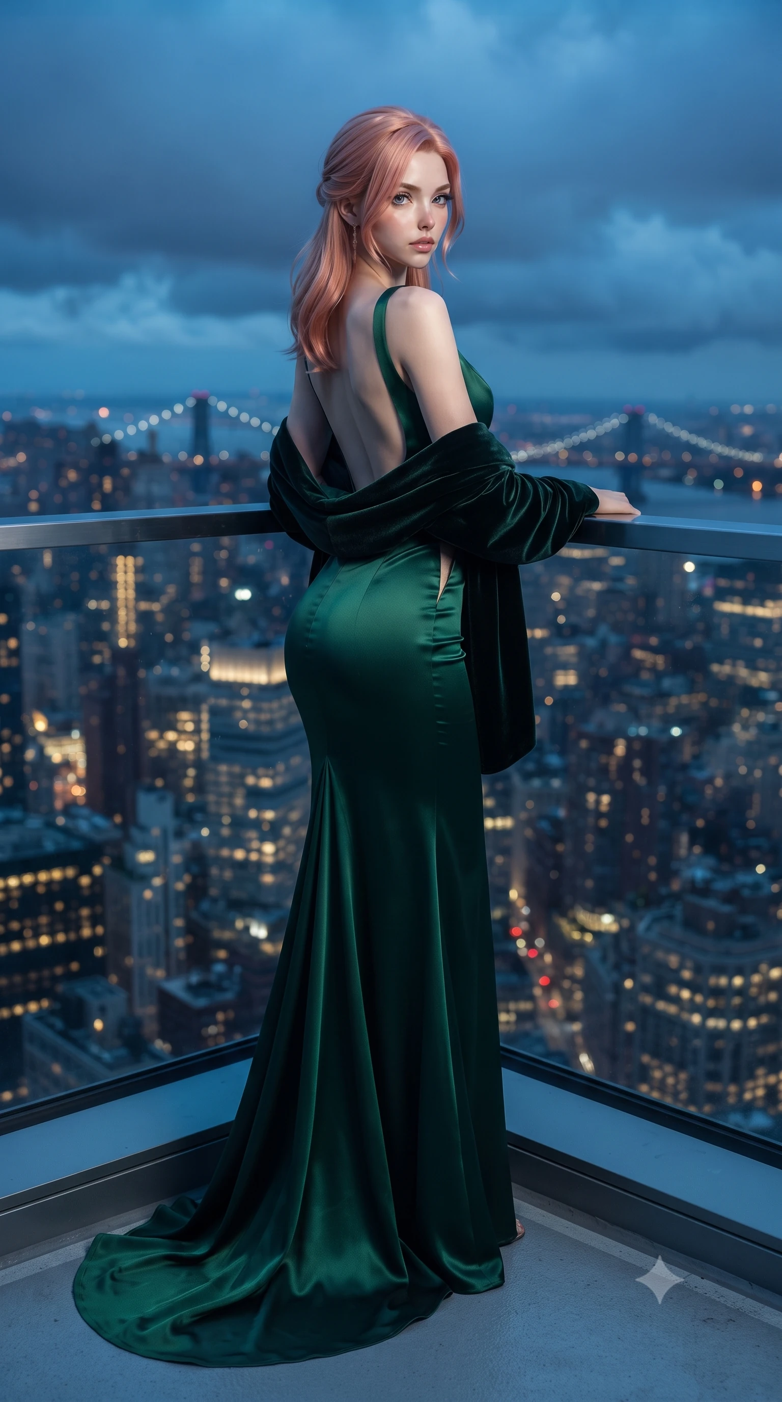 score_9, masterpiece, best quality, ultra-detailed, high-budget anime keyframe, editorial fashion photography, tasteful artistic composition, Japanese woman. low angle full-body shot from head to toe showing her feet, filling the entire 9:16 vertical frame with her statuesque presence, stretching her vertical silhouette. posing with back turned slightly to the lens, glancing back with smoldering allure as she arches her lower back to emphasize her sculpted feminine hips and slender waist while leaning deep against the perimeter safety railing with hips cocked back, looking over her shoulder at the sprawling sea of Manhattan skyscraper lights. The composition keeps background elements in soft focus with creamy bokeh. passing low storm clouds and distant suspension bridge lights softened in dramatic atmospheric depth. She has an exceptionally tall and slender model-like 8.5-heads proportion, an ultra-slim waist, a flat toned midriff, narrow delicate ribcage, and beautifully sculpted feminine hips creating a graceful, slim hourglass silhouette without any bulky heaviness, with impossibly long slender legs. sharp v-shaped jawline, high-bridge nose, intricate jewel-like eyes with depth, thick eyelashes, glossy parted lips with a natural sheen, intensely captivating and seductive bedroom-eyes expression, flawlessly proportioned anatomical accuracy, strict slender model proportions, natural body alignment, perfectly sculpted long slender limbs, ultra-slim waistline, clean dynamic posture without body distortion. wearing an open-back duchess satin gala gown with a dramatic hip-hugging drape and cascading trailing hem in deep emerald green satin and gold hardware, woven from layered gossamer chiffon with a weightless sweeping drape, complemented by a plush velvet shawl draped loosely over her elbows, the precision-cut side openings and low-back scoop framing her graceful spine and the sensual sweep of her slim, toned hips. bathed in cool blue helipad floodlights and ambient golden metropolis glow from below. ultra-reflective glossy finish, specular highlights, rich textural contrasts, high-contrast stereoscopic depth, volumetric dynamic lighting, 2k, ultra detail, master piece, 9:16 ratio