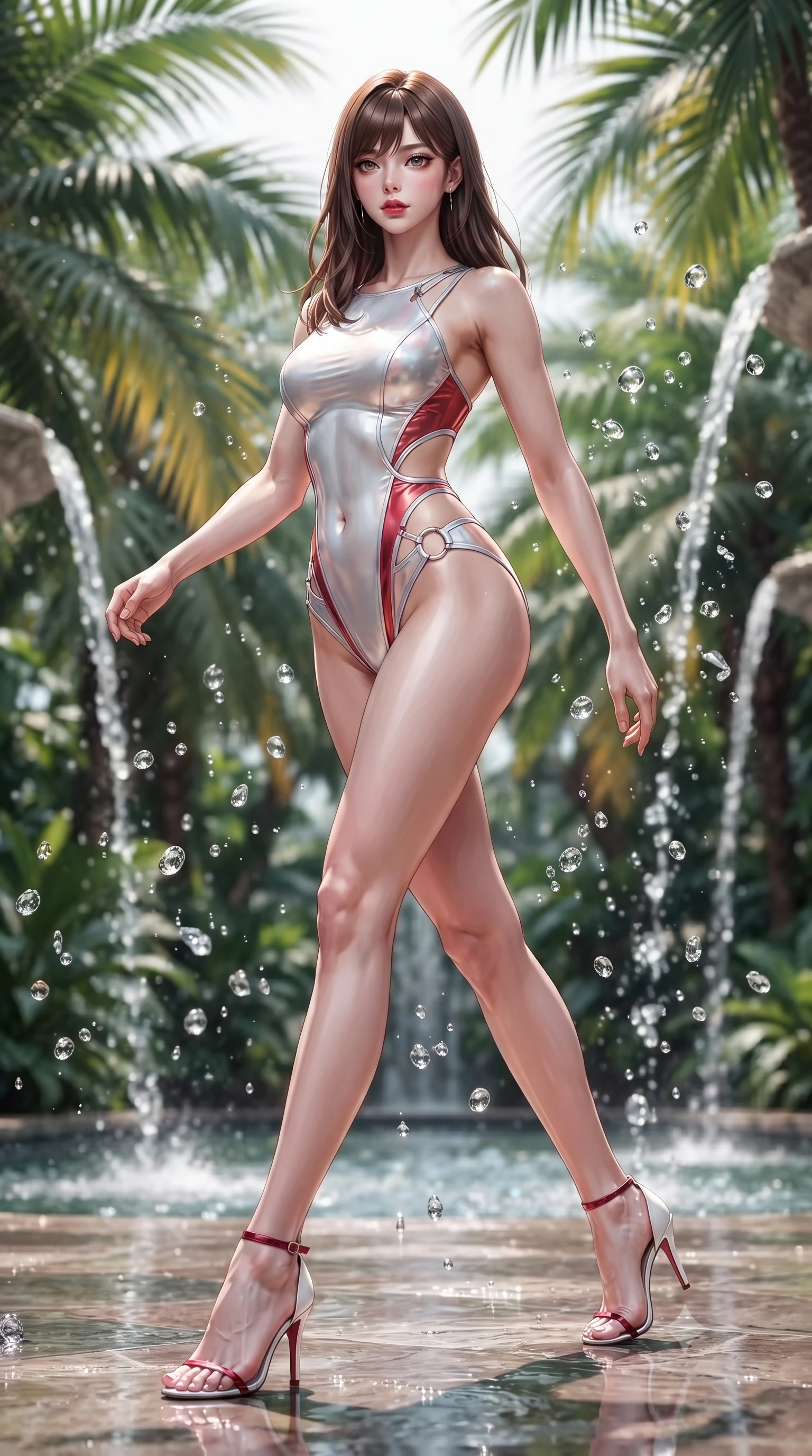 score_9, masterpiece, best quality, ultra-detailed, high-budget anime keyframe, editorial fashion photography, tasteful artistic composition, Korean woman. low angle full-body shot from head to toe showing her feet, filling the entire 9:16 vertical frame with her statuesque presence, stretching her vertical silhouette. striding forward in a proud, statuesque motion with a dangerous smolder, her vertical silhouette dominating the frame from head to toe while pivoting dynamically beside giant tropical palm fronds as crystal water droplets splash like diamonds in mid-air. The composition keeps background elements in soft focus with creamy bokeh. cascading fountain water streams and tropical palm leaves softened in dreamy shallow depth of field. She has an absolutely perfect, statuesque 8.5-heads proportion, an exceptionally tall and slender model-like female figure with impossibly long slender legs, a toned flat midriff, and an ultra-slim waist. sharp v-shaped jawline, high-bridge nose, intricate jewel-like eyes with depth, thick eyelashes, glossy lips with a natural sheen, flawlessly proportioned anatomical accuracy, strict slender model proportions, natural body alignment, perfectly sculpted long slender limbs, ultra-slim waistline, clean dynamic posture without body distortion. wearing a second-skin white liquid-mercury micro-bodysuit sculpted tightly to her slender build, featuring razor-thin metallic straps and hip cutouts in radiant crimson silk and crisp snow white, made of liquid metal jersey that clings flawlessly to every contour of her build, detailed with polished silver rings connecting the daring side-waist cutouts, the glove-like aerodynamic second-skin fit tightly clinging to her ultra-slender waist and athletic curves without adding bulk, accentuating her razor-sharp statuesque lines and slim hourglass silhouette. illuminated by fresh botanical ambient radiance with crisp specular water droplet highlights. ultra-reflective glossy finish, specular highlights, metallic sheen, high-contrast stereoscopic depth, volumetric dynamic lighting, 2k, ultra detail, master piece, 9:16 ratio