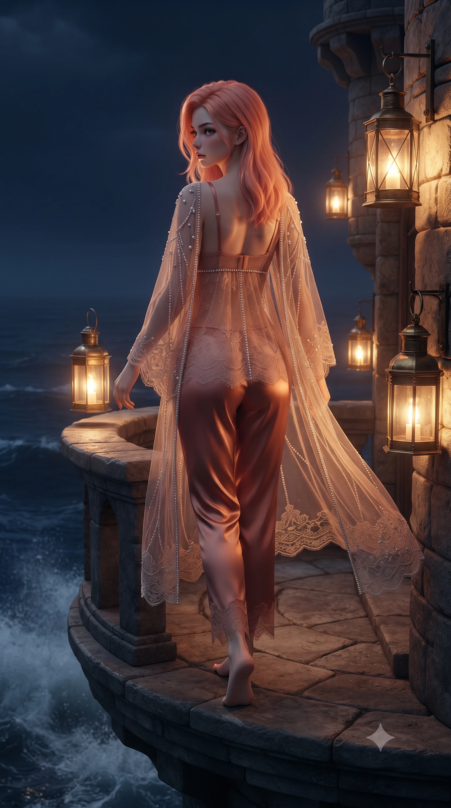 score_9, masterpiece, best quality, ultra-detailed, high-budget anime keyframe, editorial fashion photography, tasteful artistic composition, Japanese woman. low angle full-body shot from head to toe showing her feet, filling the entire 9:16 vertical frame with her statuesque presence, stretching her vertical silhouette. walking along the terrace with poise, looking back over her bare shoulder with an irresistible smoldering bedroom-gaze while standing poised on the cantilevered semicircular stone balcony of the converted medieval watchtower, arching her lower back as crashing midnight waves send salty mist into the air. The surrounding environment is rendered in vivid detail and crisp panoramic clarity: detailed provocative plunge-front sheer mesh caftan, delicate pearl beading, micro satin lingerie, and historic military stonework in razor-sharp precision. She has an exceptionally tall and slender model-like 8.5-heads proportion, an ultra-slim waist, a flat toned midriff, narrow delicate ribcage, and beautifully sculpted feminine hips creating a graceful, slim hourglass silhouette without any bulky heaviness, with impossibly long slender legs. sharp v-shaped jawline, high-bridge nose, intricate jewel-like sparkling eyes with depth, thick eyelashes, glossy parted lips with a natural peach sheen, bright cheerful beaming smile with an enchanting and coquettish sensual glint, exuding both youthful cute charm and seductive allure, flawlessly proportioned anatomical accuracy, strict slender model proportions, natural body alignment, perfectly sculpted long slender limbs, ultra-slim waistline, clean dynamic posture without body distortion. wearing a delicate sheer lace babydoll camisole paired with matching satin tap pants with scalloped eyelash lace trim in Moroccan terracotta rose and desert sand amber, woven from buttery-soft stretch lambskin leather adhering to her body like a second skin, complemented by strappy stiletto sandals with crystal ankle wraps accentuating her slender calves, the form-contouring silhouette accentuating her sculpted flat midriff, narrow delicate ribcage, and gracefully curvy hips with intoxicating allure. bathed in the warm dancing 2200K incandescent glow of heavy nautical brass lanterns contrasted with deep navy ocean ambient. ultra-reflective glossy finish, specular highlights, rich textural contrasts, high-contrast stereoscopic depth, volumetric dynamic lighting, 2k, ultra detail, master piece, 9:16 ratio