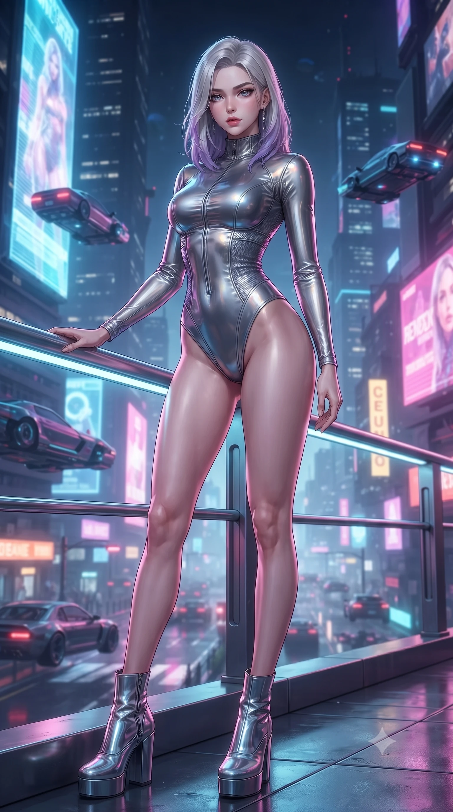score_9, masterpiece, best quality, ultra-detailed, high-budget anime keyframe, editorial fashion photography, tasteful artistic composition, Caucasian woman. low angle full-body shot from head to toe showing her feet, filling the entire 9:16 vertical frame with her statuesque presence, stretching her vertical silhouette. standing in a tall, confident posture with one hand on a glowing metal railing, stretching her statuesque body, the background shows a soft-focus a bustling future metropolis street with towering holographic advertisements. She has an absolutely perfect, statuesque 8.5-heads proportion, an exceptionally tall and slender model-like female figure with impossibly long slender legs and an ultra-slim waist. sharp v-shaped jawline, high-bridge nose, intricate jewel-like eyes with depth, thick eyelashes, glossy lips with a natural sheen. wearing a body-hugging body-hugging titanium-sheen mock-neck bodysuit, featuring elastic compression panels at the waist. dynamic flashing lights from passing hover-cars casting moving shadows on her face. ultra-reflective glossy finish, specular highlights, metallic sheen, high-contrast stereoscopic depth, volumetric dynamic lighting, 2k, ultra detail, master piece, 9:16 ratio