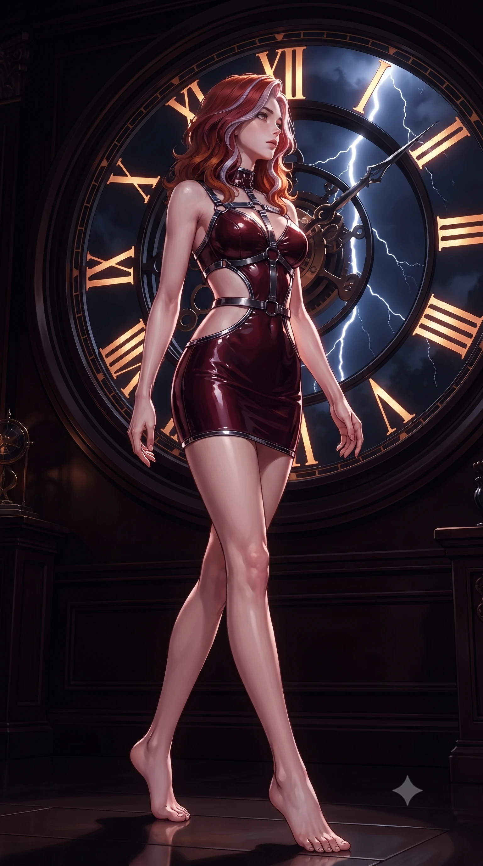 score_9, masterpiece, best quality, ultra-detailed, high-budget anime keyframe, editorial fashion photography, tasteful artistic composition, Caucasian woman. low angle full-body shot from head to toe showing her feet, filling the entire 9:16 vertical frame with her statuesque presence, stretching her vertical silhouette. stepping gracefully through the dark environment, stretching her statuesque silhouette, gazing out a circular dark clock window as midnight lightning strikes outside, dark polished mahogany textures absorbing deep shadow tones. She has an absolutely perfect, statuesque 8.5-heads proportion, an exceptionally tall and slender model-like female figure with impossibly long slender legs and an ultra-slim waist. sharp v-shaped jawline, high-bridge nose, intricate jewel-like eyes with depth, thick eyelashes, glossy lips with a natural sheen. wearing dramatic open-waist cutout mini dress in dark velvet framed by chrome hardware in deep crimson burgundy, made of high-gloss liquid vinyl, highlighted by a gunmetal metallic harness structure, accentuating her gracefully sculpted slender torso. illuminated by glowing amber Roman numerals and dramatic lightning rim light. highly saturated vibrant anime colors, detailed shading with soft gradients, rich glossy textures, high-contrast stereoscopic depth, volumetric dynamic lighting, master piece, 9:16 ratio