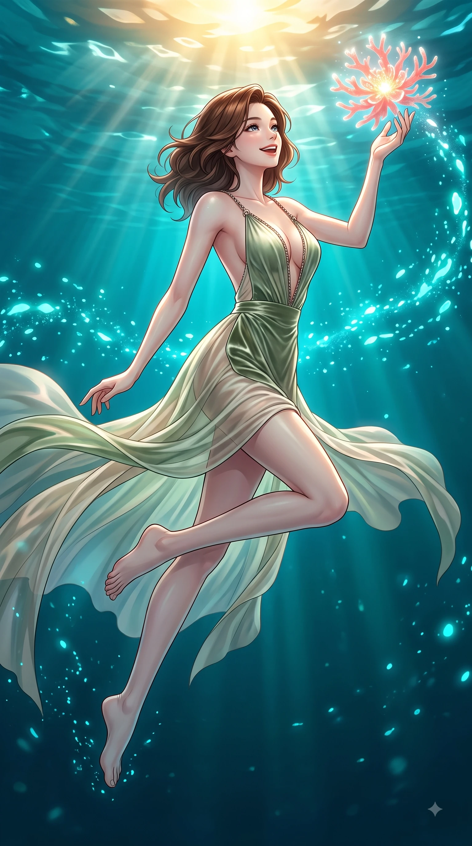 score_9, masterpiece, best quality, ultra-detailed, high-budget anime keyframe, editorial fashion photography, tasteful artistic composition, Korean woman. low angle full-body shot from head to toe showing her feet, filling the entire 9:16 vertical frame with her statuesque presence, stretching her vertical silhouette. leaping with pure joy through mid-air with a radiant bright smile, her impossibly long slender legs stretched in perfect balance while reaching her hand out with a bright smiling face to touch a glowing coral sea blossom, golden sunbeams penetrating deep turquoise water creating caustic light ripples. She has an absolutely perfect, statuesque 8.5-heads proportion, an exceptionally tall and slender model-like female figure with impossibly long slender legs and an ultra-slim waist. sharp v-shaped jawline, high-bridge nose, intricate jewel-like eyes with depth, thick eyelashes, glossy lips with a natural sheen, flawlessly proportioned anatomical accuracy, natural body alignment, perfectly sculpted elegant limbs, clean dynamic posture without body distortion. wearing a translucent iridescent chiffon gown with a plunging neckline and open back in sage green and oatmeal, made of premium stretch velvet with a rich sheen, adorned with delicate metallic chain straps along the neckline, the form-contouring material highlighting her ultra-slim waist and long lines. illuminated by cheerful aqua bioluminescence and warm golden top lighting. highly saturated vibrant anime colors, detailed shading with soft gradients, rich glossy textures, high-contrast stereoscopic depth, volumetric dynamic lighting, master piece, 9:16 ratio