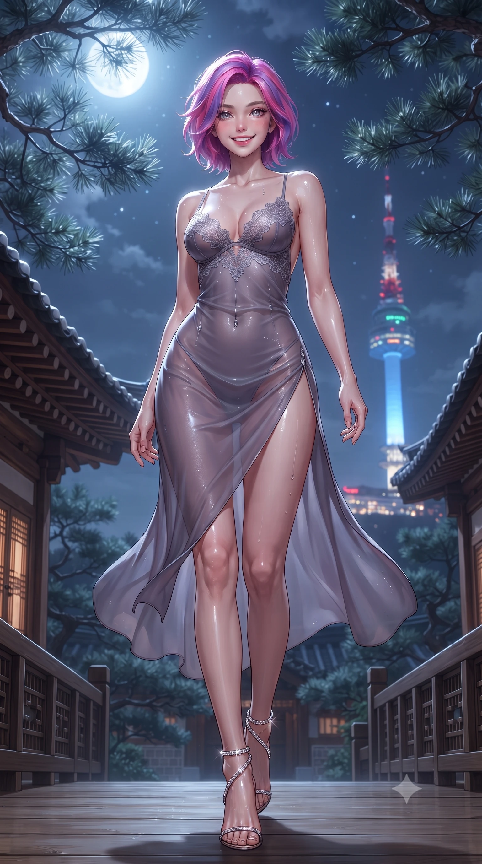 score_9, masterpiece, best quality, ultra-detailed, high-budget anime keyframe, editorial fashion photography, tasteful artistic composition, Caucasian woman. low angle full-body shot from head to toe showing her feet, filling the entire 9:16 vertical frame with her statuesque presence, stretching her vertical silhouette. stepping slowly toward the camera with hypnotic grace, hips swaying in an alluring sensual rhythm that accentuates her curvy hourglass silhouette and long slender legs while twisting her slender torso in an alluring S-curve, glistening thermal droplets and silver moonlight tracing her flat midriff and hips. The surrounding environment is rendered in vivid detail and crisp panoramic clarity: detailed sheer silk chiffon slip dress with eyelash lace cups, high side slit, and Korean master woodcraft in razor-sharp precision. She has an exceptionally tall and slender model-like 8.5-heads proportion, an ultra-slim waist, a flat toned midriff, narrow delicate ribcage, and beautifully sculpted feminine hips creating a graceful, slim hourglass silhouette without any bulky heaviness, with impossibly long slender legs. sharp v-shaped jawline, high-bridge nose, intricate jewel-like sparkling eyes with depth, thick eyelashes, glossy parted lips with a natural peach sheen, bright cheerful beaming smile with an enchanting and coquettish sensual glint, exuding both youthful cute charm and seductive allure, flawlessly proportioned anatomical accuracy, strict slender model proportions, natural body alignment, perfectly sculpted long slender limbs, ultra-slim waistline, clean dynamic posture without body distortion. wearing a form-contouring gossamer silk chiffon slip dress with a hip-high slit and open back, clinging smoothly with dewy moisture in dusky lavender noir and liquid silver chrome, made of delicate semi-sheer French Chantilly lace with intricate eyelash edges, complemented by strappy stiletto sandals with crystal ankle wraps accentuating her slender calves, the glove-like clinging cut tightly following the natural contour of her hips and long slender legs with youthful 8.5-heads elegance. bathed in cool silver moonlight filtering through pine branches combined with the colorful beacon glow of Seoul Tower. ultra-reflective glossy finish, specular highlights, rich textural contrasts, high-contrast stereoscopic depth, volumetric dynamic lighting, 2k, ultra detail, master piece, 9:16 ratio