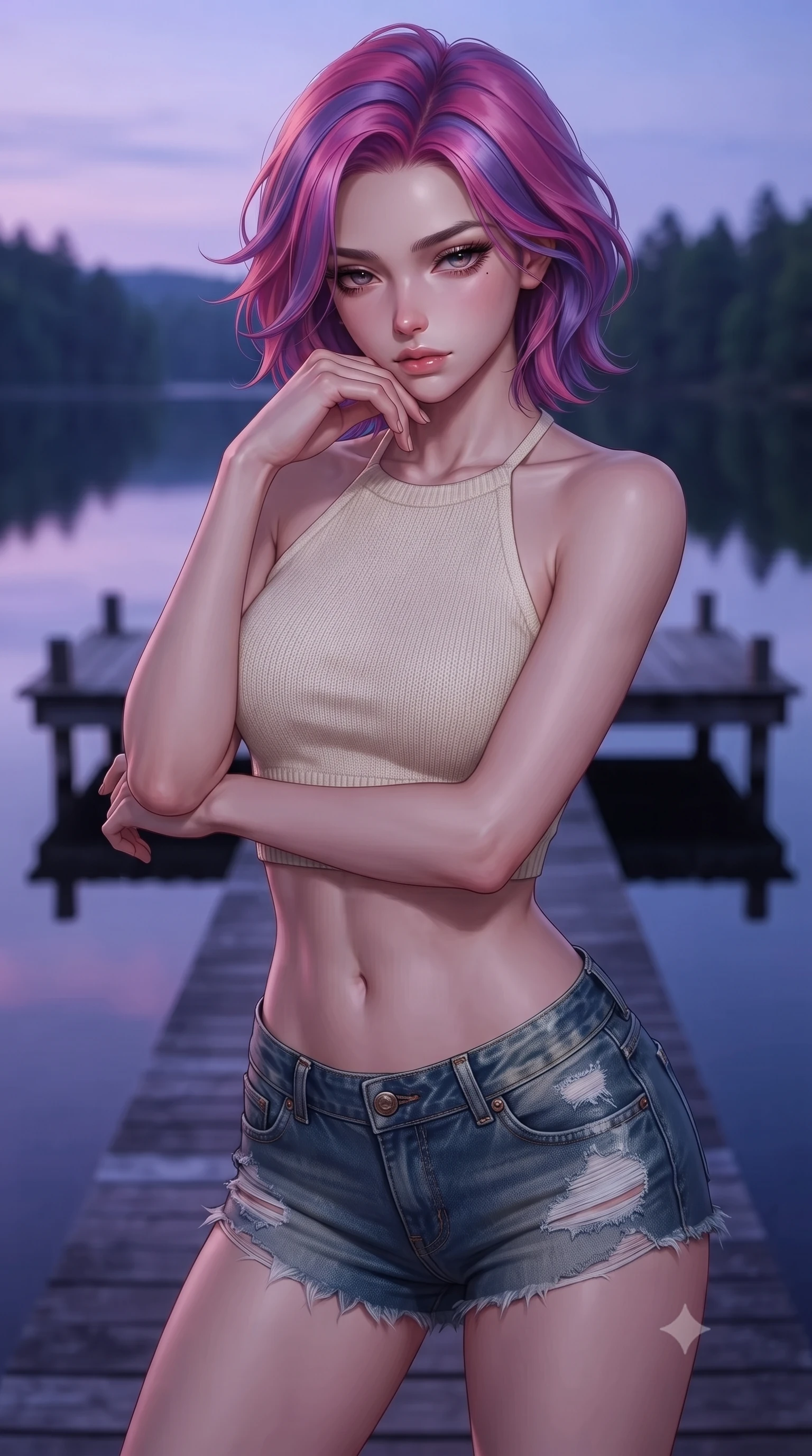 score_9, masterpiece, best quality, ultra-detailed, high-budget anime keyframe, editorial fashion photography, tasteful artistic composition, Caucasian woman. close-up cowboy shot from the waist and thighs up, the character dominates the composition, filling the frame with her large presence, background elements kept in soft focus. resting her chin on the backs of her fingers, casting a heavy-lidded, sultry look past the camera the background shows a soft-focus a private lakehouse wooden pier extending over a calm forest lake at dusk. She has an exceptionally elegant, slender, and willowy female figure with an ultra-slim waist, a gracefully sculpted slender torso, and a refined silhouette. sharp v-shaped jawline, high-bridge nose, intricate jewel-like eyes with depth, thick eyelashes, glossy lips with a natural sheen. wearing a tailored chic knit halter crop top paired with denim micro-shorts, showing her delicately sculpted midriff. serene purple and blue hues of twilight reflecting on still water. highly saturated vibrant anime colors, detailed shading with soft gradients, rich glossy textures, high-contrast stereoscopic depth, volumetric dynamic lighting, master piece, 9:16 ratio