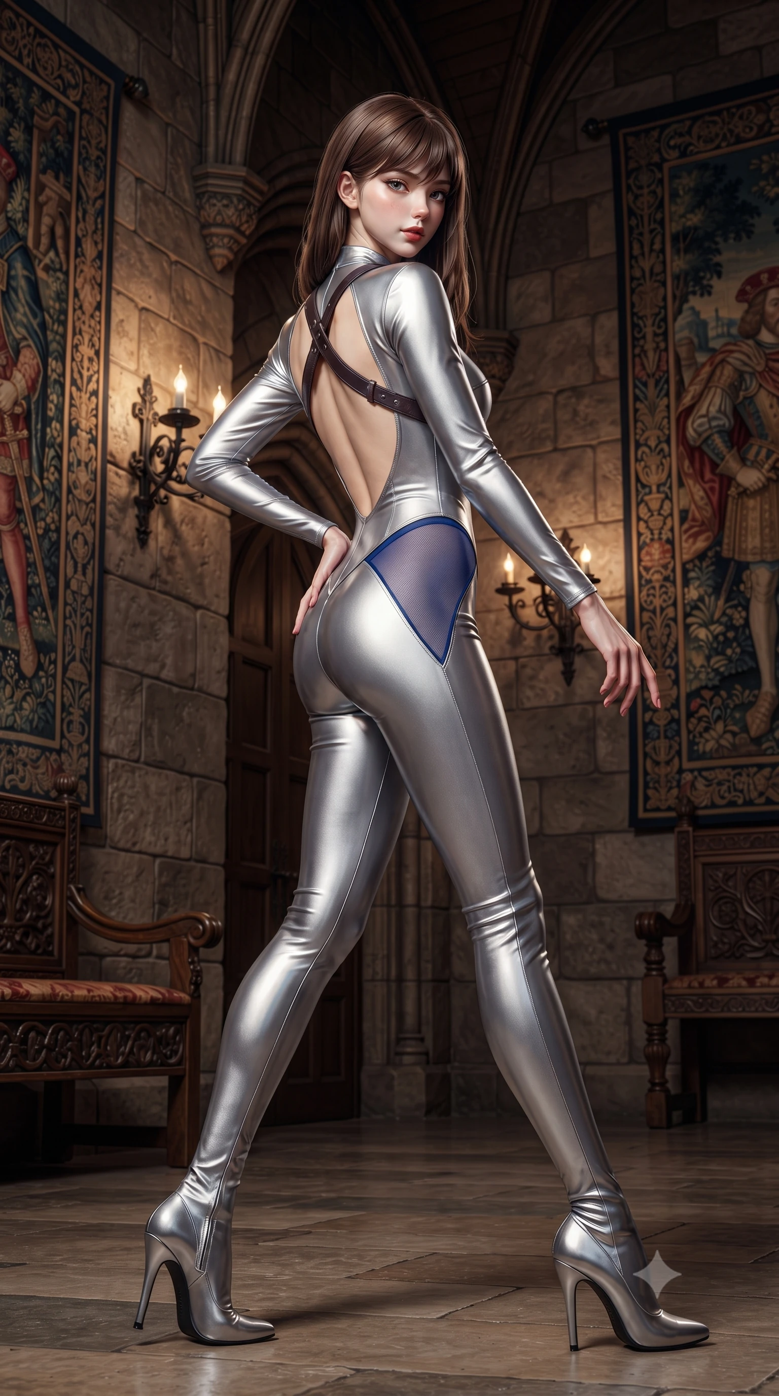 score_9, masterpiece, best quality, ultra-detailed, high-budget anime keyframe, editorial fashion photography, tasteful artistic composition, Korean woman. low angle full-body shot from head to toe showing her feet, filling the entire 9:16 vertical frame with her statuesque presence, stretching her vertical silhouette. striding forward in a proud supermodel runway stride, hips swaying in an alluring kinetic rhythm that accentuates her curvy hourglass silhouette while standing poised between towering medieval armorial tapestries, twisting her slender torso in a deep contrapposto stance with smoldering bedroom-eyes. The surrounding environment is rendered in vivid detail and crisp panoramic clarity. sharp aged castle masonry grain, wrought-iron wall sconces, and carved oak wood textures in deep focus. She has an exceptionally tall and slender model-like 8.5-heads proportion, an ultra-slim waist, a flat toned midriff, narrow delicate ribcage, and beautifully sculpted feminine hips creating a graceful, slim hourglass silhouette without any bulky heaviness, with impossibly long slender legs. sharp v-shaped jawline, high-bridge nose, intricate jewel-like eyes with depth, thick eyelashes, glossy parted lips with a natural sheen, intensely captivating and seductive bedroom-eyes expression, flawlessly proportioned anatomical accuracy, strict slender model proportions, natural body alignment, perfectly sculpted long slender limbs, ultra-slim waistline, clean dynamic posture without body distortion. wearing a liquid-silver aerodynamic space-couture catsuit with an open scooped back and sheer contouring mesh hip panels in royal sapphire blue and brushed platinum, formed from supple second-skin lambskin leather with specular sheen, featuring an open-back criss-cross harness strap in dark leather, the liquid-tight tailored fabric clinging flawlessly to her narrow waist and rounded feminine hips, emphasizing every millimeter of her sculpted slim hourglass curves without any bulky heaviness. surrounded by an aristocratic, untamed, and dangerously captivating Scottish highland duchess aura. ultra-reflective glossy finish, specular highlights, rich textural contrasts, high-contrast stereoscopic depth, volumetric dynamic lighting, 2k, ultra detail, master piece, 9:16 ratio