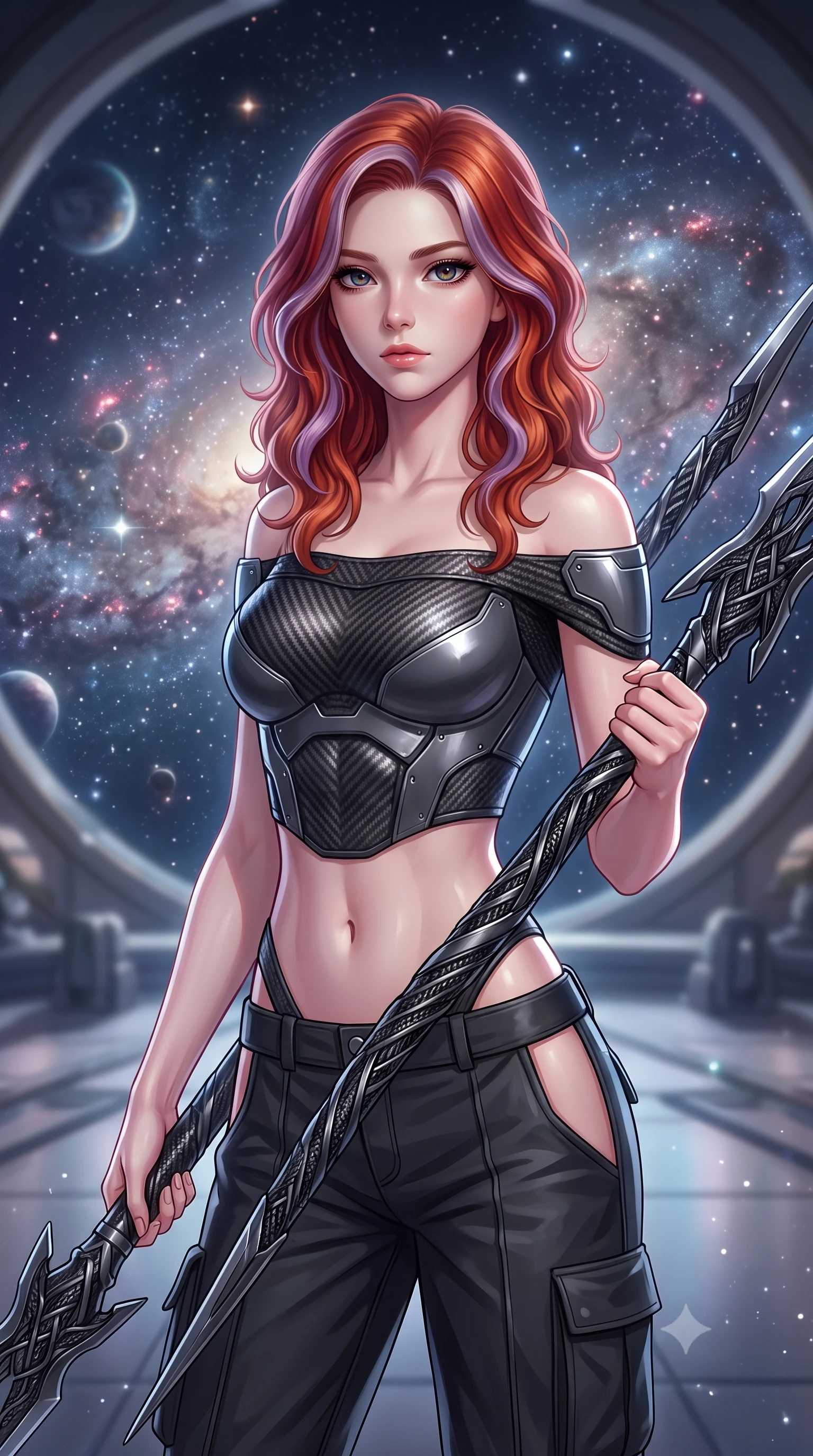 score_9, masterpiece, best quality, ultra-detailed, high-budget anime keyframe, editorial fashion photography, tasteful artistic composition, Caucasian woman. close-up cowboy shot from the waist and thighs up, the character dominates the composition, filling the frame with her large presence, background elements kept in soft focus. holding a deactivated nanotech glaive, looking past the camera with quiet, sharp focus and a composed expression, the background shows a soft-focus a banyan tree observatory platform looking out at a galaxy nebula in stardust. She has an exceptionally elegant, slender, and willowy female figure with an ultra-slim waist, a gracefully sculpted slender torso, and a refined silhouette. sharp v-shaped jawline, high-bridge nose, intricate jewel-like eyes with depth, thick eyelashes, glossy lips with a natural sheen. wearing a form-contouring off-shoulder carbon-fiber armor top paired with high-slit tactical cargo pants, showing her delicately sculpted midriff. soft silver starlight wrapping her statuesque posture in a quiet, solemn mood. highly saturated vibrant anime colors, detailed shading with soft gradients, rich glossy textures, high-contrast stereoscopic depth, volumetric dynamic lighting, master piece, 9:16 ratio