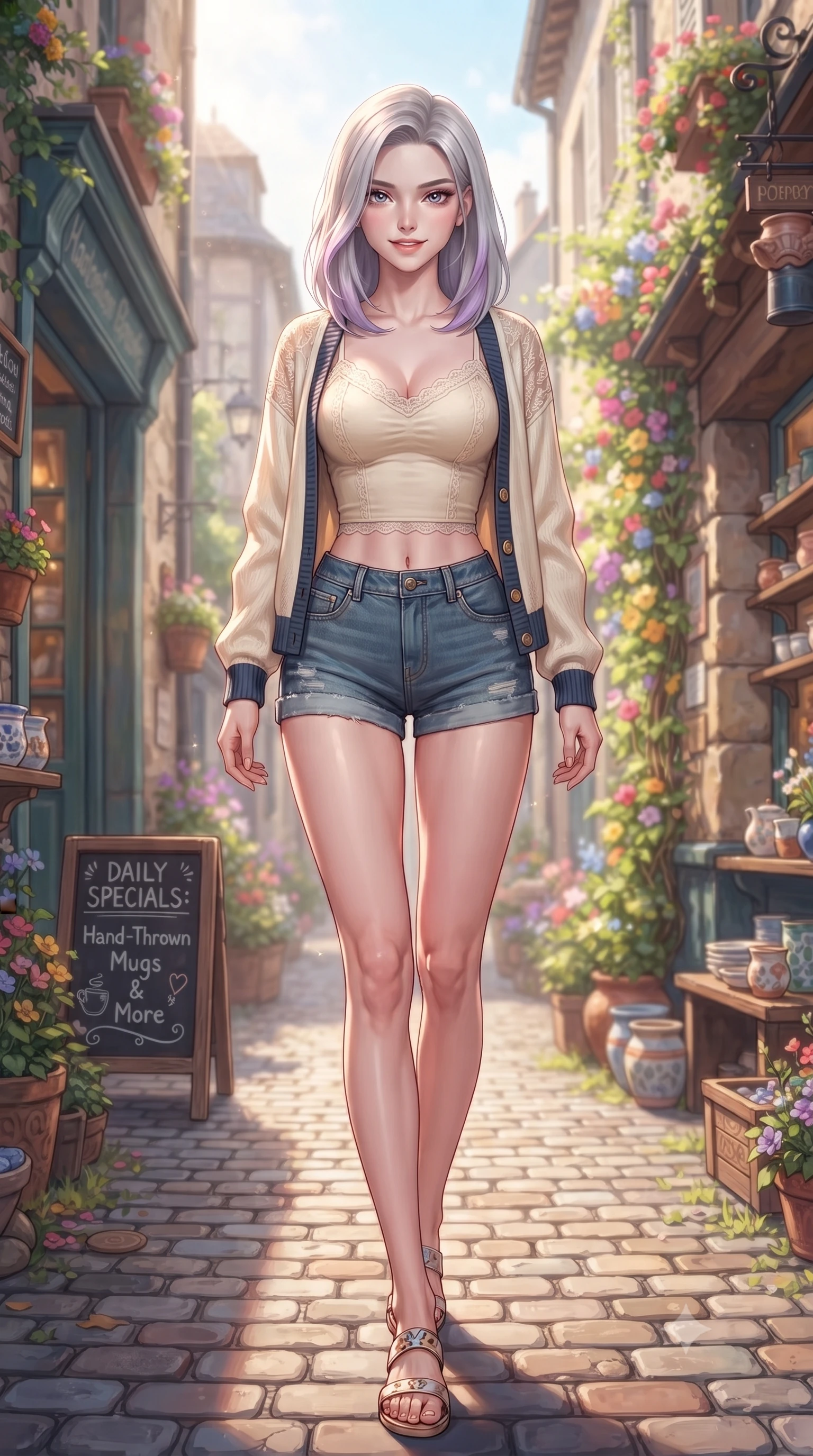 score_9, masterpiece, best quality, ultra-detailed, high-budget anime keyframe, editorial fashion photography, tasteful artistic composition, Caucasian woman. low angle full-body shot from head to toe showing her feet, filling the entire 9:16 vertical frame with her statuesque presence, stretching her vertical silhouette. stepping forward with an alluring, magnetic smile, her graceful posture highlighting her statuesque silhouette set against a soft-focus background of in a narrow cobblestone alley next to a cozy handmade pottery shop with a small chalkboard sign showing daily specials written in cute lettering. She has an absolutely perfect, statuesque 8.5-heads proportion, an exceptionally tall and slender model-like female figure with impossibly long slender legs and an ultra-slim waist. sharp v-shaped jawline, high-bridge nose, intricate jewel-like eyes with depth, thick eyelashes, glossy lips with a natural sheen. wearing body-hugging delicate lace-trim crop top in cream, worn under an open preppy cardigan and denim shorts. soft morning sunbeams highlighting the colorful flowers and her face. highly saturated vibrant anime colors, detailed shading with soft gradients, rich glossy textures, high-contrast stereoscopic depth, volumetric dynamic lighting, master piece, 9:16 ratio