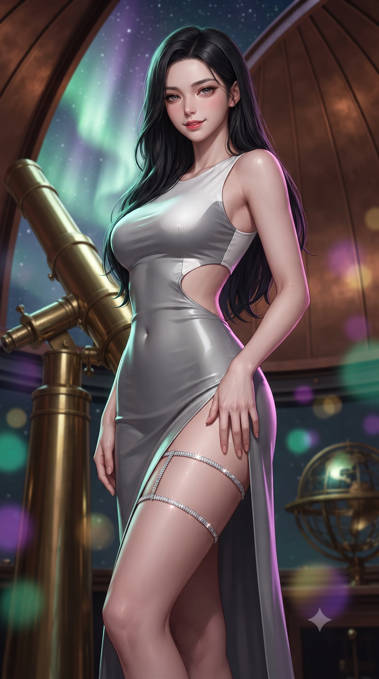 score_9, masterpiece, best quality, ultra-detailed, high-budget anime keyframe, editorial fashion photography, tasteful artistic composition, Korean woman. close-up cowboy shot from the waist and thighs up, the character dominates the composition, filling the frame with her large presence. tilting her head with a teasing half-smile, running one hand slowly down the side of her hip in a flirtatious S-curve as ambient light caresses her silhouette while standing beside the monumental brass telescope beneath the open dome slit, arching her spine with breathtaking celestial allure. The background shows a soft-focus swirling green and violet northern lights across the starry sky, curved copper dome interior, and brass celestial globes blurred into emerald, amethyst, and gold bokeh. She has an exceptionally elegant, slender, and willowy female figure with an ultra-slim waist, flat toned midriff, narrow ribcage, and sculpted feminine hips creating an alluring, slim hourglass silhouette without bulk. sharp v-shaped jawline, high-bridge nose, sparkling eyes with hypnotic seductive depth, thick curled eyelashes, glossy parted lips with a natural dewy peach sheen, alluring bedroom-eyes with an enchanting coquettish smile, exuding magnetic siren charisma and sophisticated glamour, flawlessly proportioned anatomical accuracy, strict slender model proportions, natural body alignment, perfectly sculpted long slender limbs, ultra-slim waistline, clean dynamic posture without body distortion. wearing a sculptural liquid jersey column dress with a dramatic hip-high side slit and asymmetrical cutout waist darts in architectural titanium grey and pure milk white, crafted from smooth liquid-tight stretch jersey emphasizing every curve of her body, finished with delicate crystal-encrusted thigh garter straps glinting under the lights, the form-contouring silhouette accentuating her sculpted flat midriff, narrow delicate ribcage, and gracefully curvy hips with intoxicating allure. illuminated by brass tube specular highlights and sharp cyan-magenta rim lights defining her delicate clavicles, ultra-slim waist, and curvy hips. ultra-reflective glossy finish, specular highlights, rich textural contrasts, high-contrast stereoscopic depth, volumetric dynamic lighting, 2k, ultra detail, master piece, 9:16 ratio