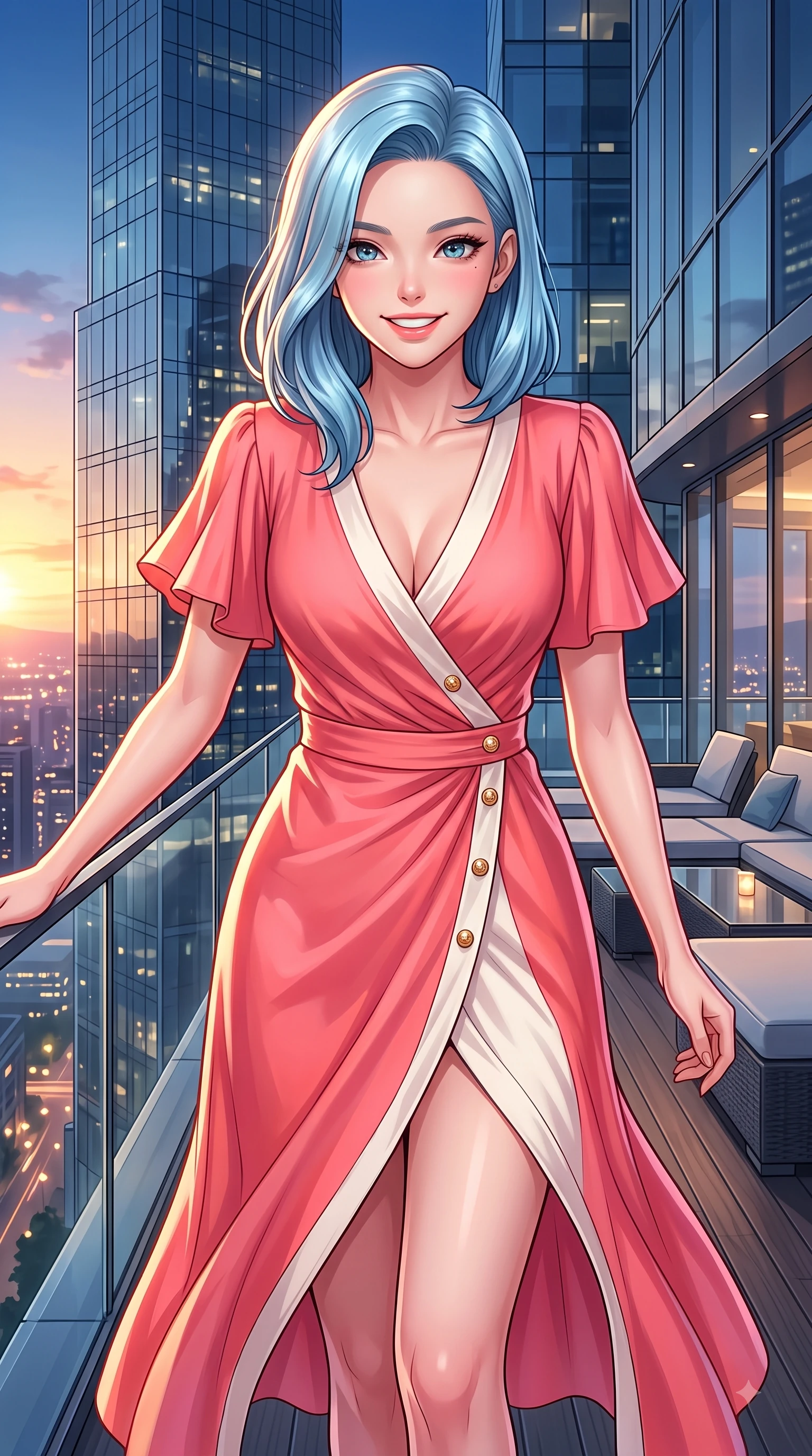 score_9, masterpiece, best quality, ultra-detailed, high-budget anime keyframe, editorial fashion photography, tasteful artistic composition, Korean woman. close-up cowboy shot from the waist and thighs up, the character dominates the composition, filling the frame with her large presence. Cheerful beaming smile with sparkling eyes and a fresh girlhood aura, leaning forward with playful grace while stepping gracefully onto an open-air rooftop terrace as sunset city lights twinkle below. The surrounding environment is rendered in vivid detail and crisp panoramic clarity. glistening skyscraper glass facades, rooftop deck furniture, and glass railings in deep focus. She has an exceptionally elegant, slender, and willowy female figure with an ultra-slim waist, a gracefully sculpted slender torso, and a refined silhouette. sharp v-shaped jawline, high-bridge nose, intricate jewel-like eyes with depth, thick eyelashes, glossy lips with a natural sheen, flawlessly proportioned anatomical accuracy, natural body alignment, perfectly sculpted elegant limbs, clean dynamic posture without body distortion. wearing an elegant V-neck silk wrap dress with fluttery short sleeves and a cinched waist in vibrant coral pink and pure ivory, knitted from soft cozy cashmere yarn, adorned with delicate gold buttons along the front, the sleek second-skin texture accentuating her magnetic presence. surrounded by a sophisticated, glamorous, and modern nightlife aura. highly saturated vibrant anime colors, detailed shading with soft gradients, rich glossy textures, high-contrast stereoscopic depth, volumetric dynamic lighting, master piece, 9:16 ratio