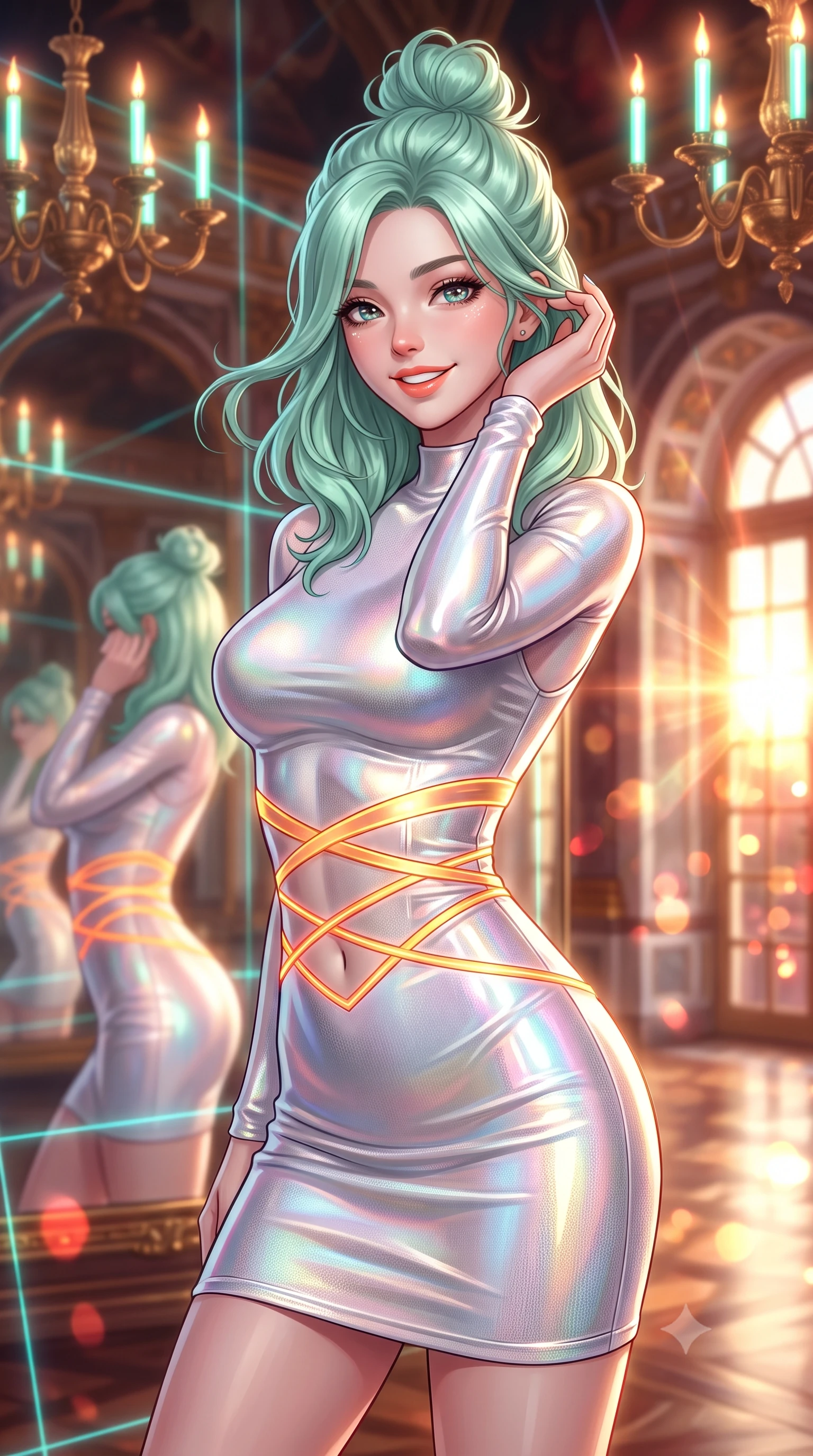 score_9, masterpiece, best quality, ultra-detailed, high-budget anime keyframe, semi-realistic 3D game render, editorial fashion photography, tasteful artistic composition, Japanese woman. close-up cowboy shot from the waist and thighs up, the character dominates the composition, filling the frame with her large presence. gently brushing a lock of hair behind her ear while casting a playful, flirtatious side-gaze with long eyelashes while twisting her slender torso in an alluring S-curve, sunset gold and neon laser ribbons criss-crossing across her flat midriff and hourglass curves. The background shows a soft-focus infinite recursive mirror reflections, antique gilded chandeliers fitted with neon plasma candles, and setting sun through arched palace windows blurred into gold, copper, and ruby bokeh. She has an exceptionally elegant, slender, and willowy female figure with an ultra-slim waist, flat toned midriff, narrow ribcage, and sculpted feminine hips creating an alluring, slim hourglass silhouette without bulk. sharp v-shaped jawline, high-bridge nose, intricate jewel-like sparkling eyes with depth, thick eyelashes, glossy parted lips with a natural peach sheen, bright cheerful beaming smile with an enchanting and coquettish sensual glint, exuding both youthful cute charm and seductive allure, flawlessly proportioned anatomical accuracy, strict slender model proportions, natural body alignment, perfectly sculpted long slender limbs, ultra-slim waistline, clean dynamic posture without body distortion. wearing a liquid chrome second-skin bodycon knit dress hugging every curve of her hourglass frame with metallic luster in holographic prismatic pearl and titanium white, crafted from bespoke double-faced cashmere with an exceptionally soft tactile finish, complemented by strappy stiletto sandals with metallic ankle wraps accentuating her slender calves, the impeccably tailored cut draping gracefully along her slender figure with aristocratic poise. bathed in the blinding golden hour 2800K palace sunset mixed with delicate cyan laser grid lines. highly saturated vibrant anime colors, detailed shading with soft gradients, rich glossy textures, high-contrast stereoscopic depth, volumetric dynamic lighting, master piece, 9:16 ratio