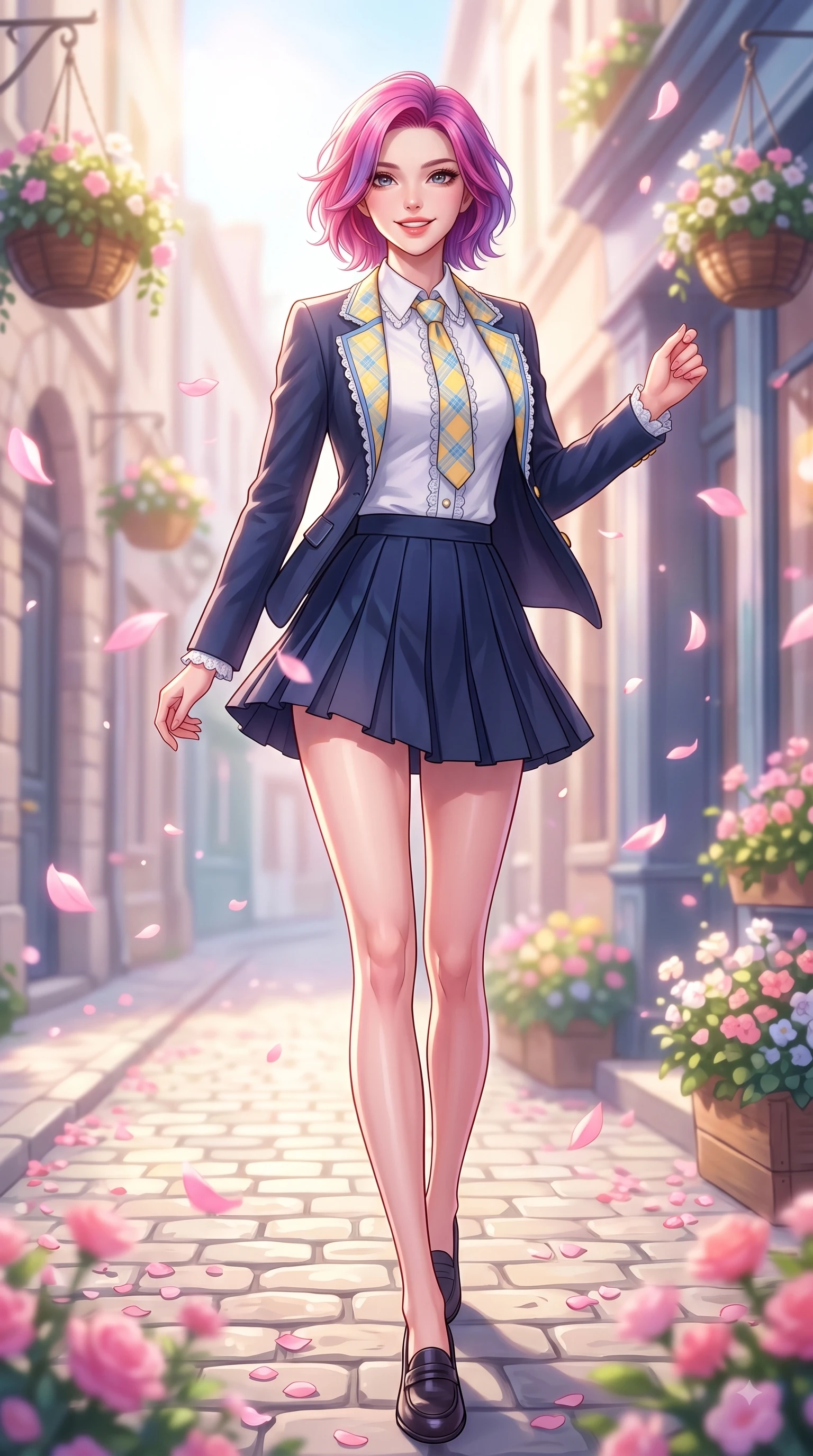 score_9, masterpiece, best quality, ultra-detailed, high-budget anime keyframe, editorial fashion photography, tasteful artistic composition, Caucasian woman. low angle full-body shot from head to toe showing her feet, filling the entire 9:16 vertical frame with her statuesque presence, stretching her vertical silhouette. pivoting dynamically with a fresh infectious smile, her ultra-slim waist creating a sweeping fluid curve while stepping cheerfully along a flower-strewn walkway as pastel pink petals float softly around her. The composition keeps background elements in soft focus with dreamy bokeh. charming European cobblestone facades and hanging flower baskets softened by shallow depth of field. She has an absolutely perfect, statuesque 8.5-heads proportion, an exceptionally tall and slender model-like female figure with impossibly long slender legs and an ultra-slim waist. sharp v-shaped jawline, high-bridge nose, intricate jewel-like eyes with depth, thick eyelashes, glossy lips with a natural sheen, flawlessly proportioned anatomical accuracy, natural body alignment, perfectly sculpted elegant limbs, clean dynamic posture without body distortion. wearing a preppy academy blazer over a crisp collared shirt, navy pleated skirt, and a slim necktie in sunny daffodil yellow and clear sky blue, woven with delicate eyelet lace and soft cotton, finished with subtle ruffle trims and delicate pearl buttons, the relaxed yet flattering fit accentuating her naturally graceful and slender figure. bathed in brilliant morning sunshine and warm pastel flower shop ambient glow. highly saturated vibrant anime colors, detailed shading with soft gradients, rich glossy textures, high-contrast stereoscopic depth, volumetric dynamic lighting, master piece, 9:16 ratio