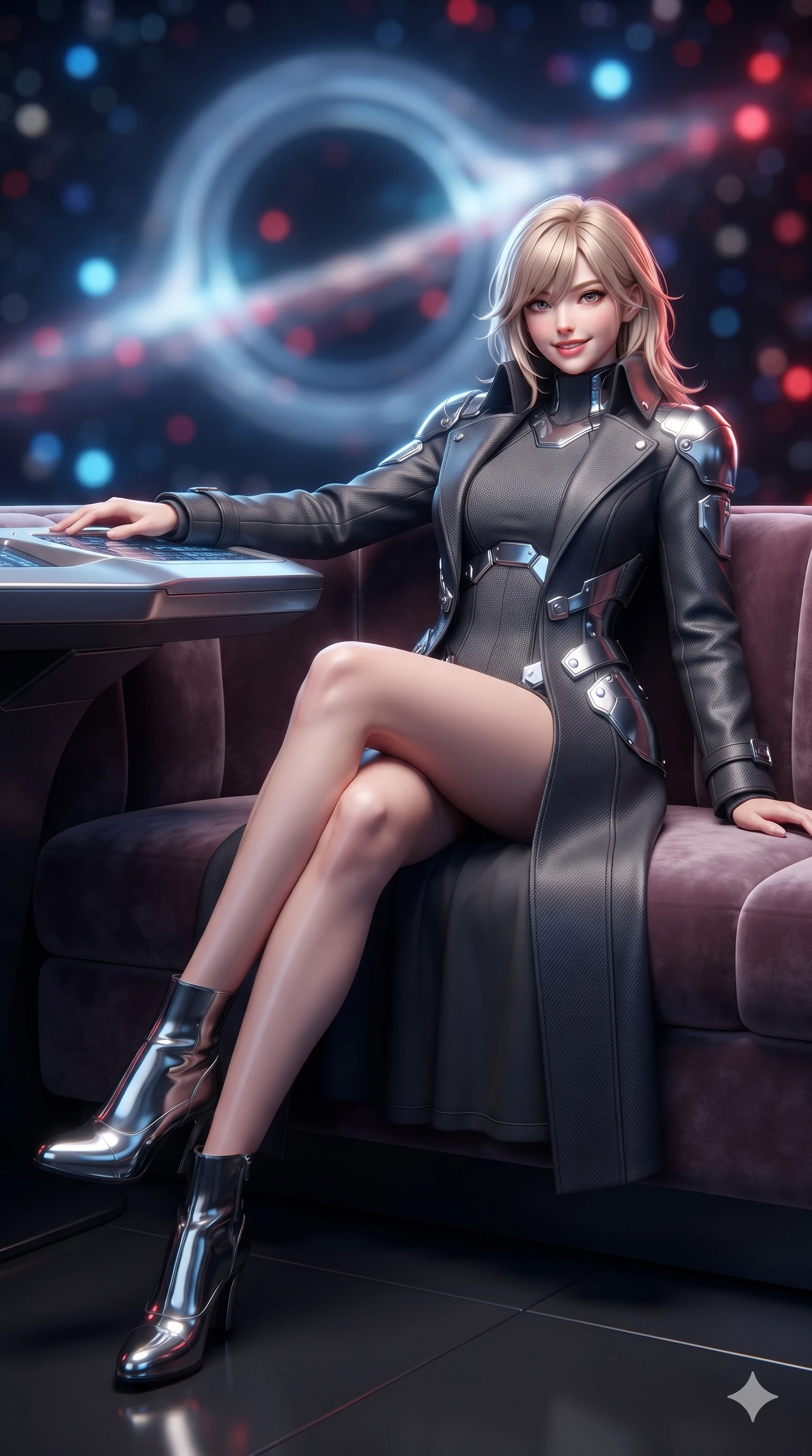 score_9, masterpiece, best quality, ultra-detailed, high-budget anime keyframe, editorial fashion photography, tasteful artistic composition, Japanese woman. low angle full-body shot from head to toe showing her feet, filling the entire 9:16 vertical frame with her statuesque presence, stretching her vertical silhouette. lounging in a plush velvet VIP booth propped on one elbow with legs crossed, flashing an intoxicating smile with parted glossy lips while sitting gracefully on the elevated sensor console with legs crossed, flashing an enchanting, confident smile with parted glossy lips. The background shows a soft-focus warped gravitational lensing rings, blue and crimson Doppler-shifted plasma waves, and distant star clusters blurred into sapphire, ruby, and obsidian bokeh. She has an absolutely perfect, statuesque 8.5-heads proportion, an exceptionally tall and slender model-like female figure with impossibly long slender legs, an ultra-slim waist, a flat toned midriff, narrow delicate ribcage, and beautifully sculpted feminine hips creating a graceful, slim hourglass silhouette without any bulky heaviness. sharp v-shaped jawline, high-bridge nose, intricate jewel-like sparkling eyes with depth, thick eyelashes, glossy parted lips with a natural sheen, bright confident smile with an enchanting and coquettish sensual glint, exuding both youthful magnetic charm and sovereign high-tech allure, flawlessly proportioned anatomical accuracy, strict slender model proportions, natural body alignment, perfectly sculpted long slender limbs, ultra-slim waistline, clean dynamic posture without body distortion. wearing a structured aerospace commander greatcoat layered over an armored high-neck knit underlayer in charcoal grey and polished chrome, crafted from lightweight aerodynamic matte carbon-fiber weave with structural stiffness, accented with strategically placed chrome armor plate guards covering key curves, the bespoke structured tailoring following the natural line of her 8.5-heads silhouette with refined elegance. illuminated by polished floor bounce and sharp dual cyan-crimson rim lights defining her razor-sharp jawline, narrow waist, and curvy hips. ultra-reflective glossy finish, specular highlights, rich textural contrasts, high-contrast stereoscopic depth, volumetric dynamic lighting, 2k, ultra detail, master piece, 9:16 ratio