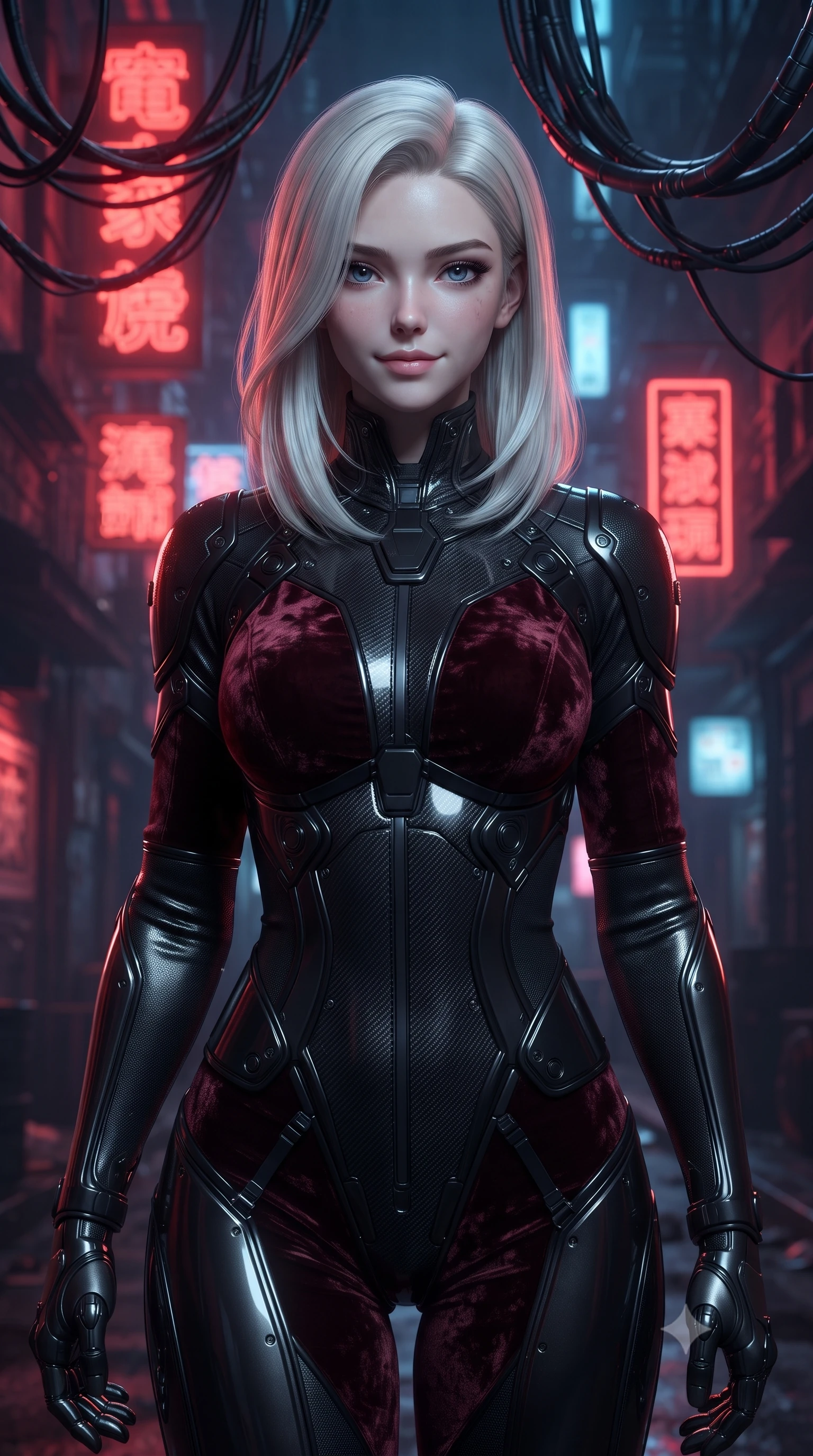 score_9, masterpiece, best quality, ultra-detailed, high-budget anime keyframe, editorial fashion photography, tasteful artistic composition, Caucasian woman. close-up cowboy shot from the waist and thighs up, the character dominates the composition, filling the frame with her large presence, background elements kept in soft focus. Smiling with quiet, magnetic self-assurance directly into the camera, navigating a dark narrow cyber-thoroughfare with glowing red neon Kanji signs, dark metallic cybernetic cables hanging ominously overhead. She has an exceptionally elegant, slender, and willowy female figure with an ultra-slim waist, a gracefully sculpted slender torso, and a refined silhouette. sharp v-shaped jawline, high-bridge nose, intricate jewel-like eyes with depth, thick eyelashes, glossy lips with a natural sheen. wearing second-skin matte carbon-fiber combat suit in onyx black in dark mahogany, made of crushed dark silk velvet, adorned with minimalist black onyx hardware framing the silhouette, contouring every curve with an exceptionally elegant silhouette. drenched in dramatic wet specular lighting from intense neon signs. ultra-reflective glossy finish, specular highlights, metallic sheen, high-contrast stereoscopic depth, volumetric dynamic lighting, 2k, ultra detail, master piece, 9:16 ratio