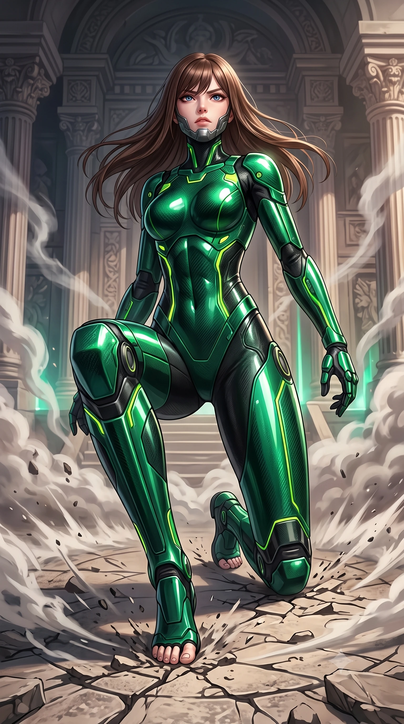 score_9, masterpiece, best quality, ultra-detailed, high-budget anime keyframe, semi-realistic 3D game render, editorial fashion photography, tasteful artistic composition, Korean woman. low angle full-body shot from head to toe showing her feet, filling the entire 9:16 vertical frame with her statuesque presence, stretching her vertical silhouette. landing gracefully from a high-altitude leap on one knee and palm, her statuesque silhouette framed by radial shockwave ripples in the ground while striding forward through drifting incense and cordite smoke with fierce, regal warrior composure. The surrounding environment is rendered in vivid detail and crisp panoramic clarity. transcendent chiaroscuro contrast between sacred ruin architecture and glowing combat energy in precision. She has an absolutely perfect, statuesque 8.5-heads proportion, an exceptionally tall and slender model-like female figure with impossibly long slender legs, a toned flat midriff, and an ultra-slim waist. sharp v-shaped jawline, high-bridge nose, intricate jewel-like eyes with depth, thick eyelashes, glossy lips with a natural sheen, fierce and resolute heroine expression, flawlessly proportioned anatomical accuracy, strict slender model proportions, natural body alignment, perfectly sculpted long slender limbs, ultra-slim waistline, clean dynamic posture without body distortion. wearing a sleek titanium half-face combat rebreather guard protecting her lower jaw while leaving her expressive eyes and long hair flowing freely, paired with an ultra-sleek high-gloss carbon-composite exoskeleton suit featuring kinetic shock-absorbing shin guards and flexible limb articulation joints in toxic emerald green carbon composite with glowing lime warning channels, crafted from ultra-strong woven carbon-fiber composite with battle-tested satin luster, featuring a sleek aerodynamic collar framed by subtle glowing cybernetic status LEDs, the form-contouring material adhering flawlessly to her sculpted flat midriff and slender torso, emphasizing her long leg lines and perfectly proportioned willowy build. surrounded by an awe-inspiring, tragic, and radiantly unbreakable warrior goddess aura. rich saturated anime colors with glowing neon highlights, detailed shading with soft gradients, rich glossy textures, high-contrast stereoscopic depth, volumetric dynamic lighting, master piece, 9:16 ratio
