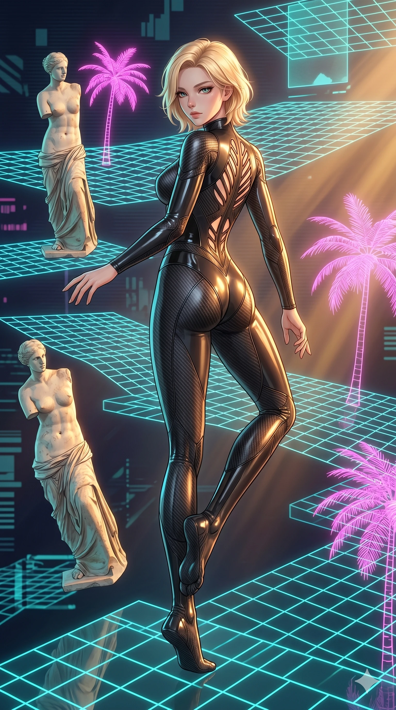 score_9, masterpiece, best quality, ultra-detailed, high-budget anime keyframe, Japanese woman. low angle full-body shot filling the entire 9:16 frame with her statuesque presence, stretching the vertical silhouette. drifting through a holographic vaporwave oasis with floating grid floors, lo-fi marble statues, and glowing pink palms. She has an absolutely perfect 8-heads proportion, an exceptionally tall and slender female figure with impossibly long slender legs and an ultra-slim waist. V-shaped jawline, high-bridge nose, intricate jewel-like eyes with depth, thick eyelashes, glossy lips with a natural sheen.. wearing a second-skin carbon fiber combat suit, featuring matte carbon fiber and glossy latex panels with elegant slitted cutouts on the upper back. showcasing a beautiful play of light and shadow, with warm golden rays clashing against cool cyan highlights. 2k, ultra detail, master piece, 9:16 ratio